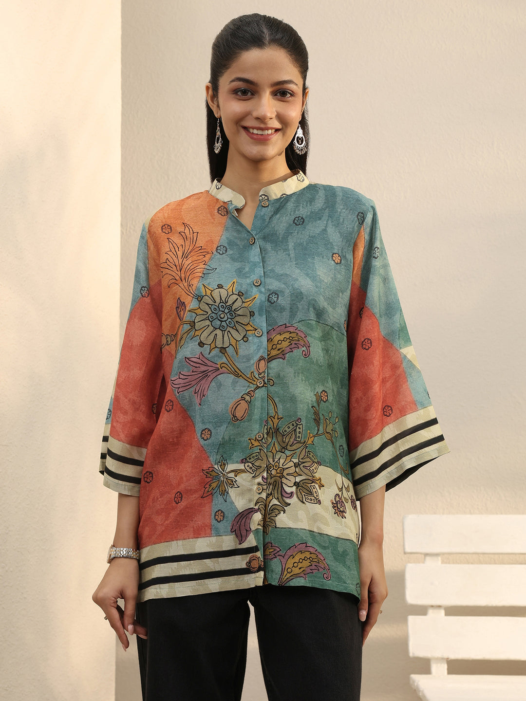  Multi Colour Floral Printed Linen Shirt 