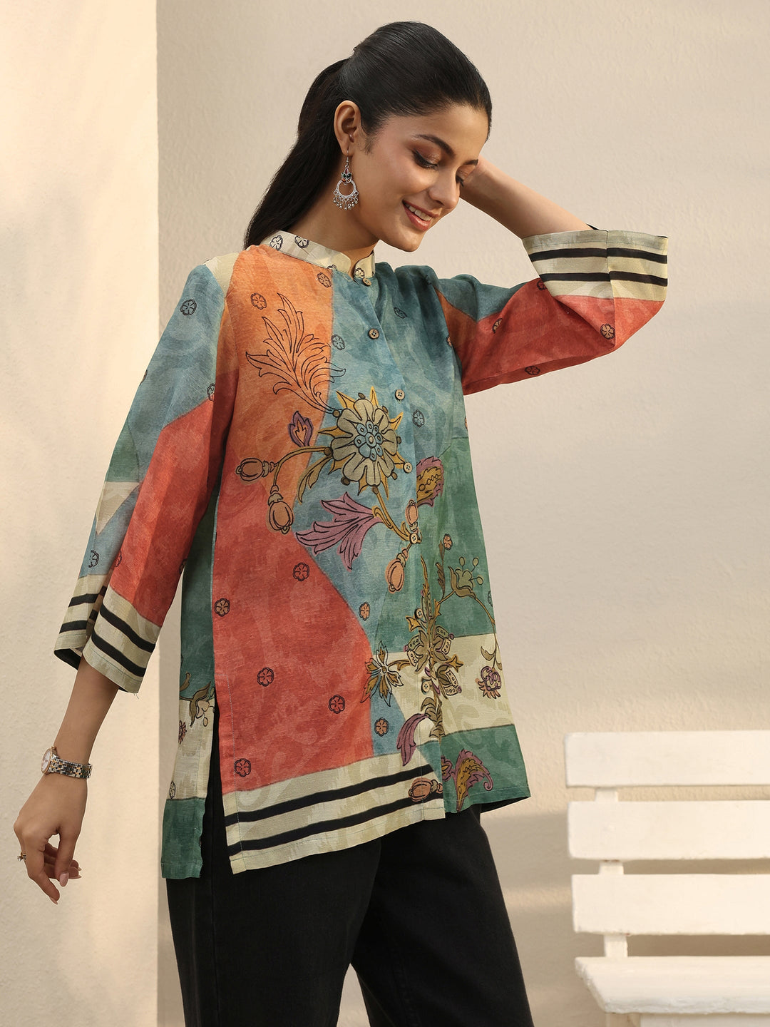  Multi Colour Floral Printed Linen Shirt 