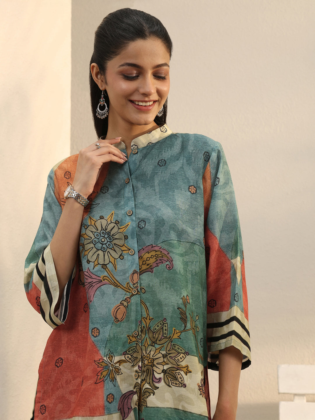  Multi Colour Floral Printed Linen Shirt 