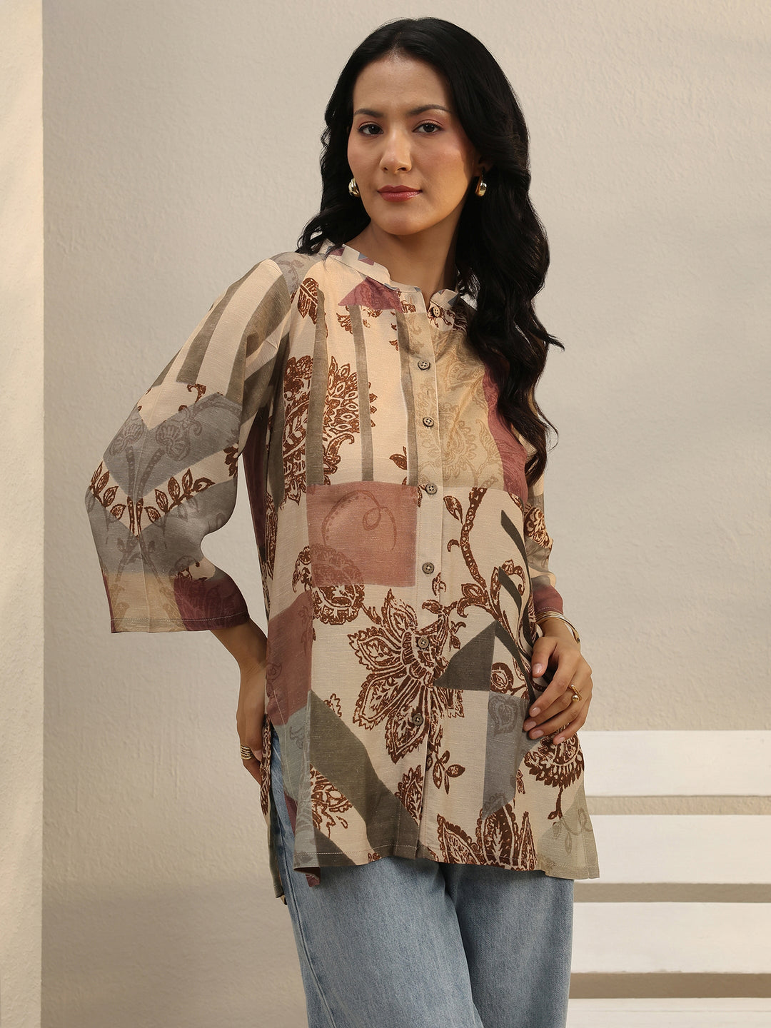  Multi Colour Floral Printed Linen Shirt 