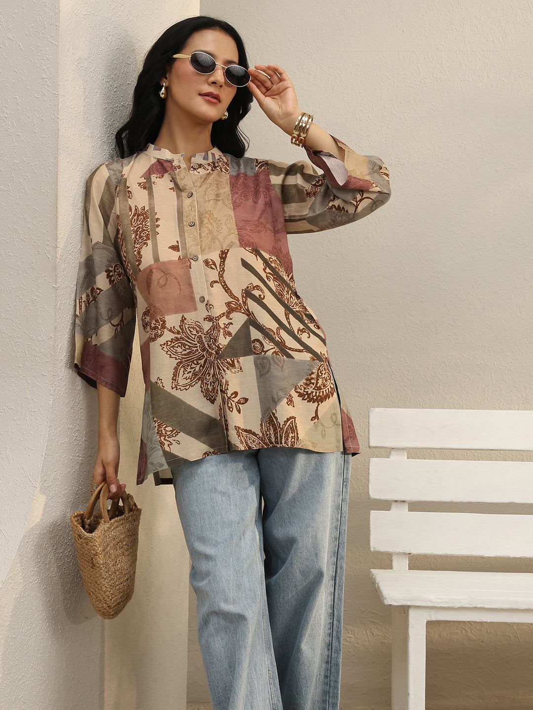  Multi Colour Floral Printed Linen Shirt 