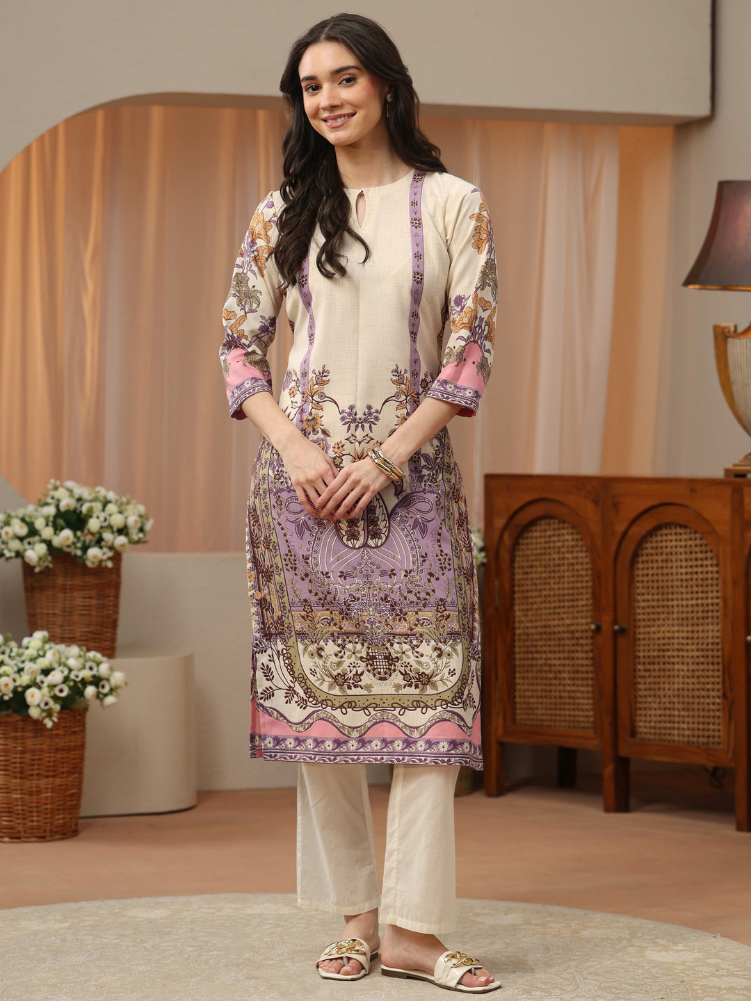  Off White Abstract Printed Panelled A-Line Kurta 