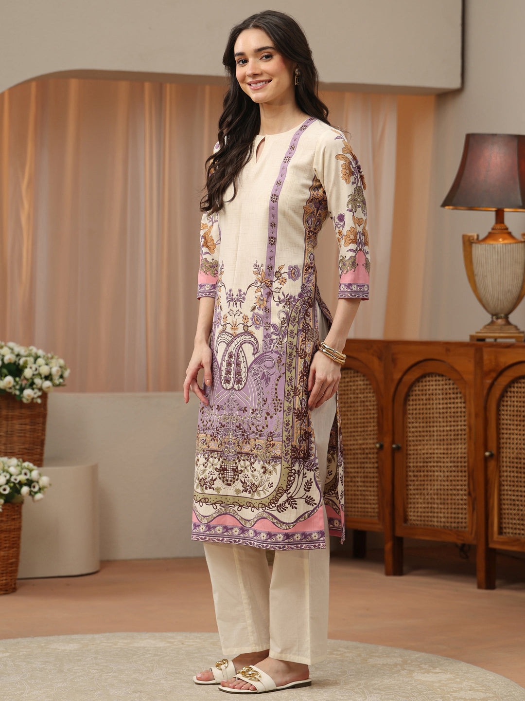  Off White Abstract Printed Panelled A-Line Kurta 