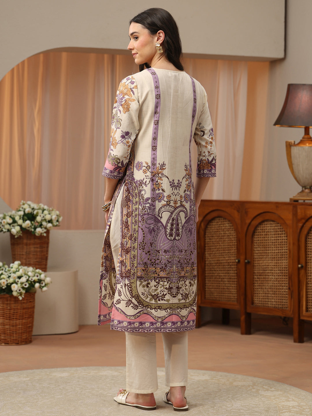  Off White Abstract Printed Panelled A-Line Kurta 