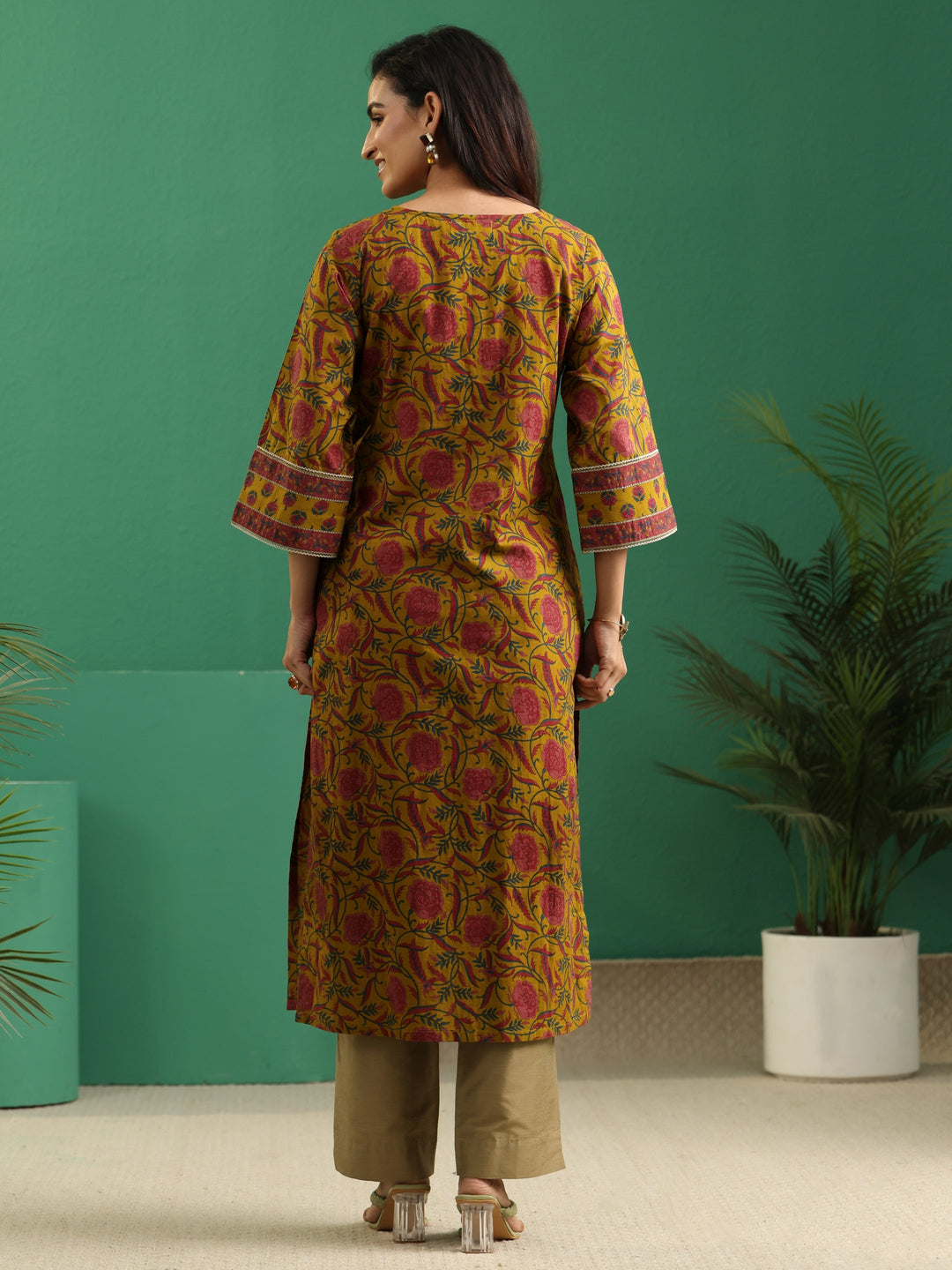  Libas Mustard Floral Printed Cotton Straight Kurta 