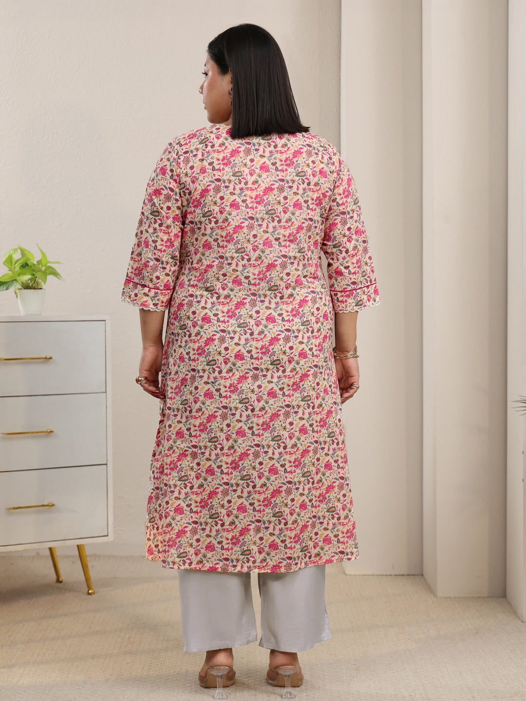  Plus Size Beige Floral Printed Cotton A-Line Kurta 