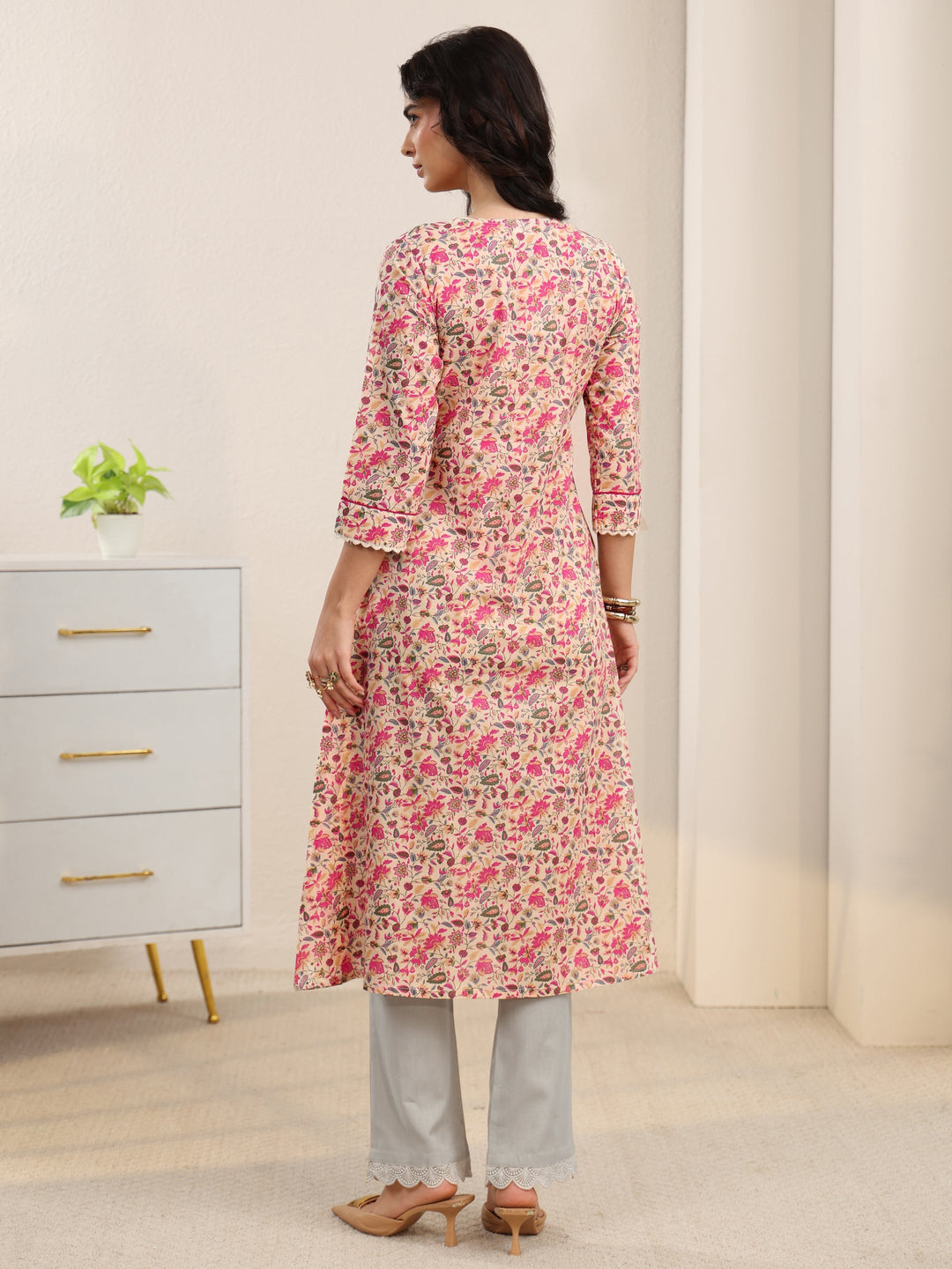  Libas Beige Floral Printed Cotton A-Line Kurta 