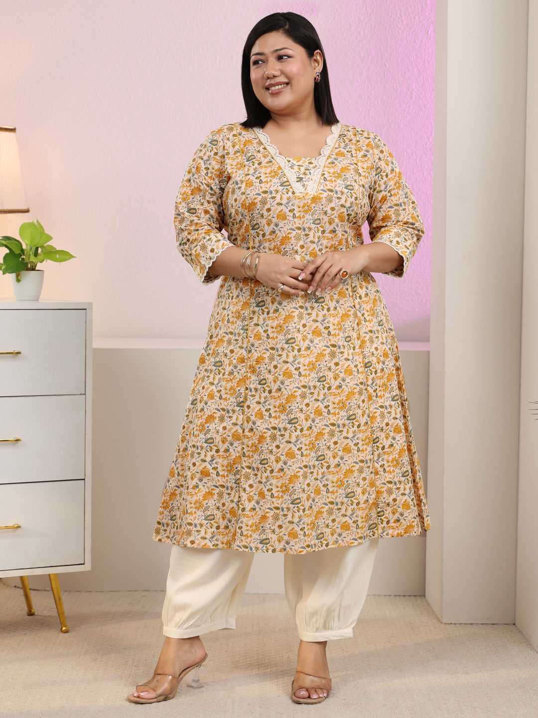  Plus Size Beige floral printed panelled a-line kurta with pocket 