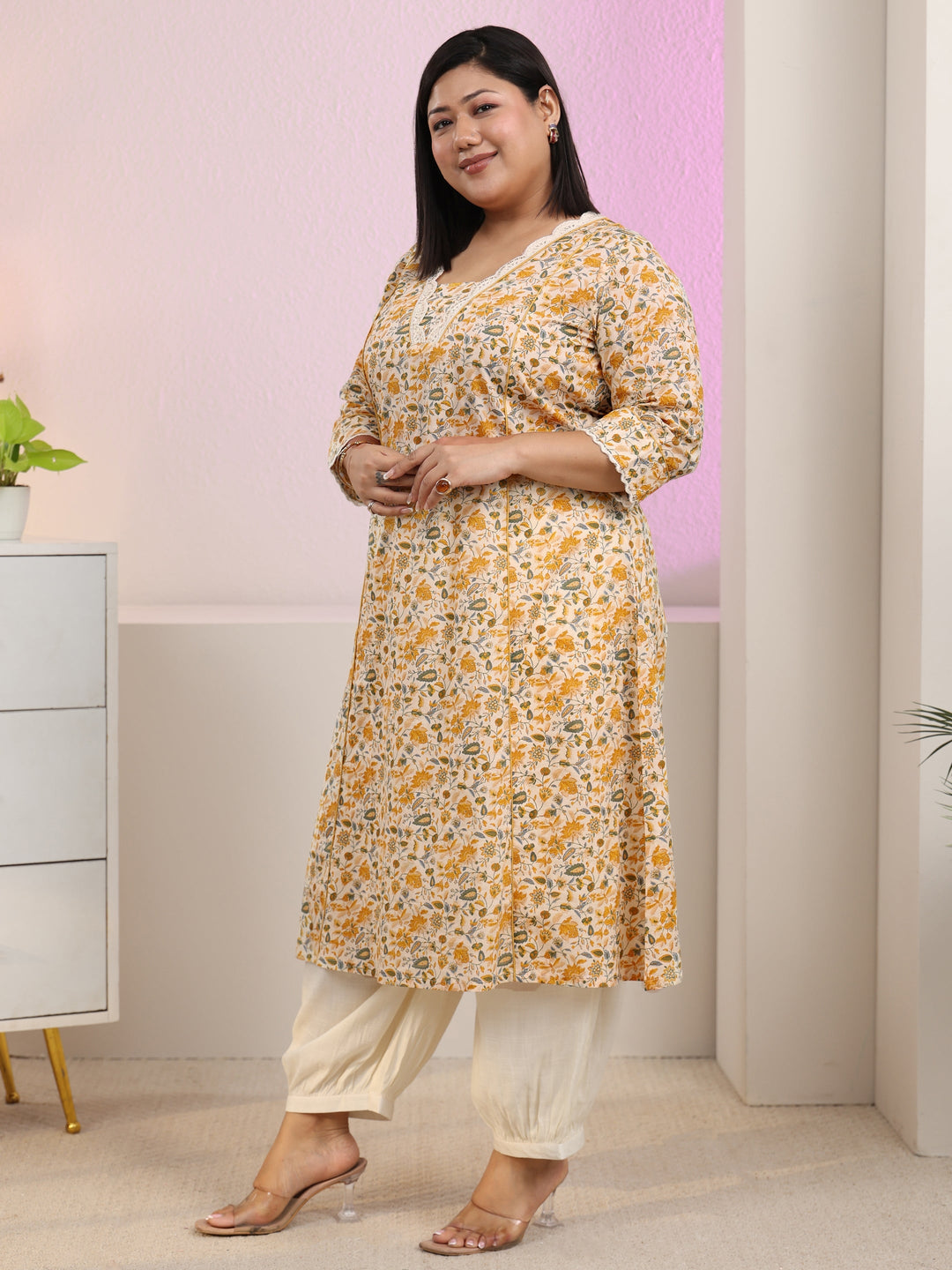  Plus Size Beige floral printed panelled a-line kurta with pocket 