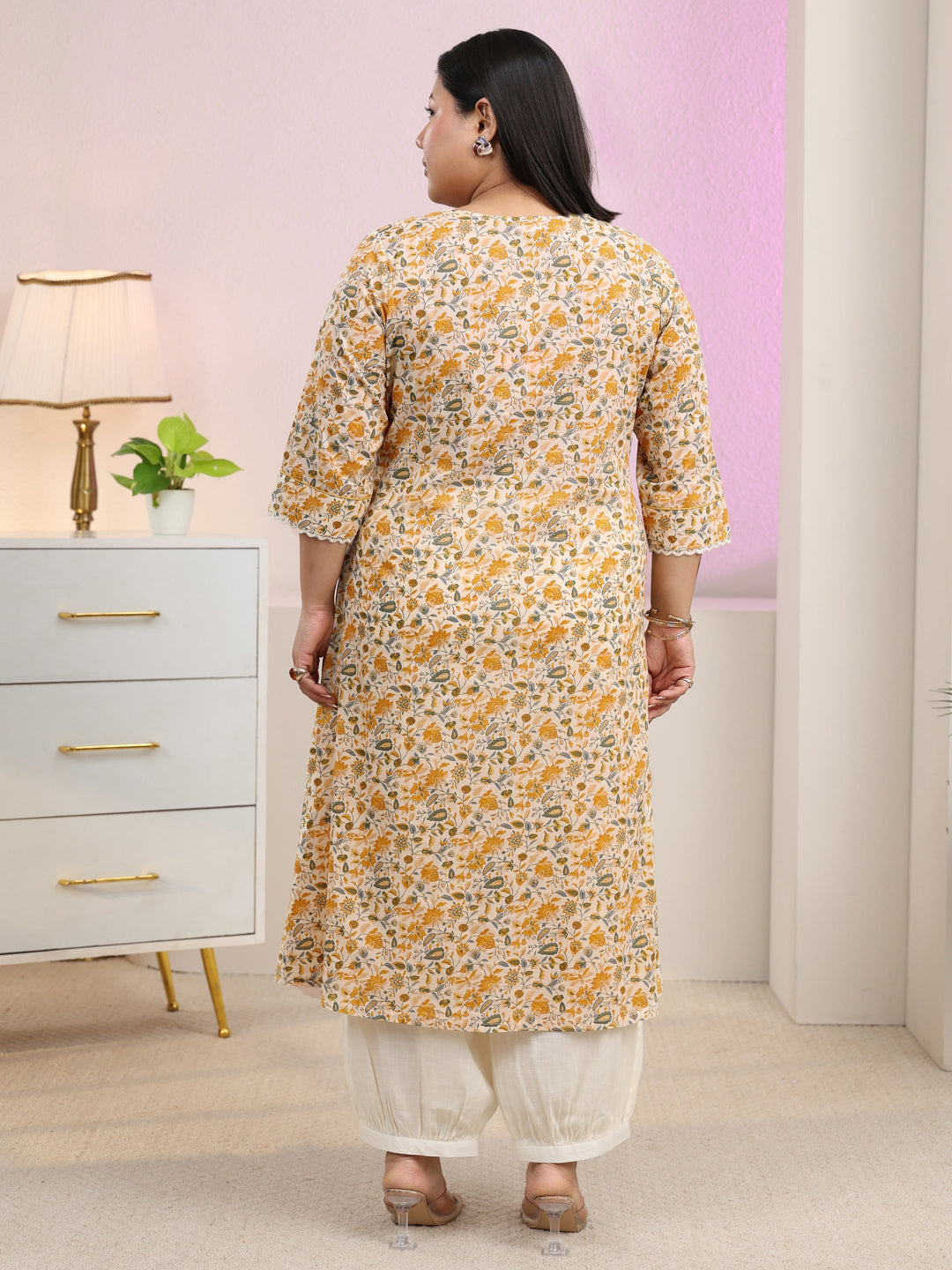  Plus Size Beige floral printed panelled a-line kurta with pocket 