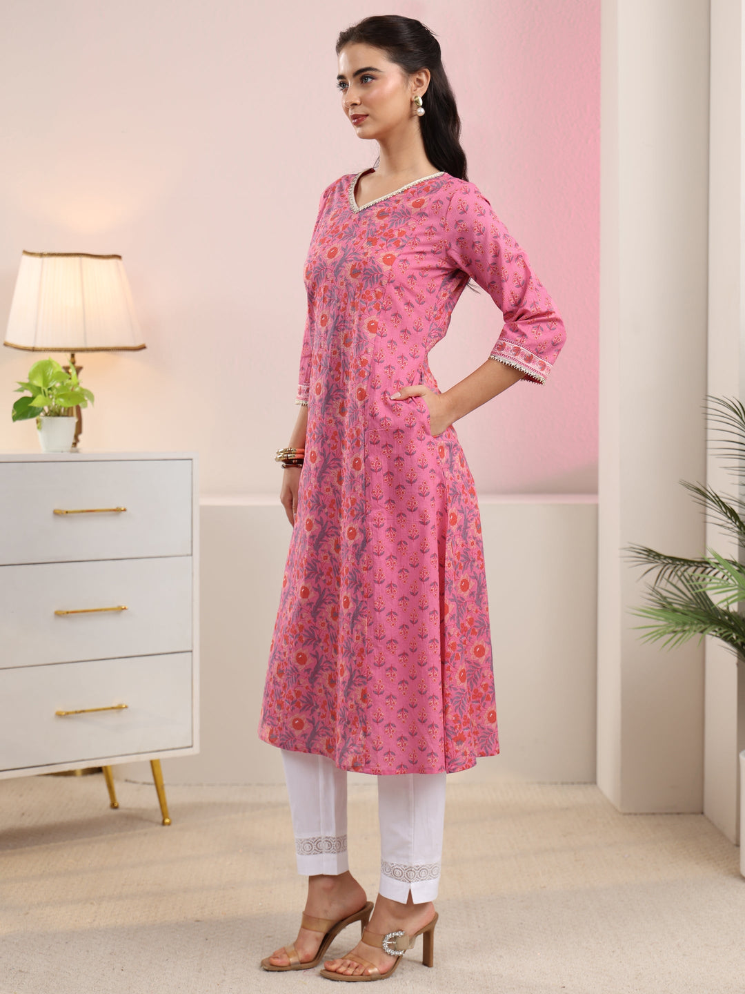  Libas Pink Floral Printed Cotton A-Line Kurta 