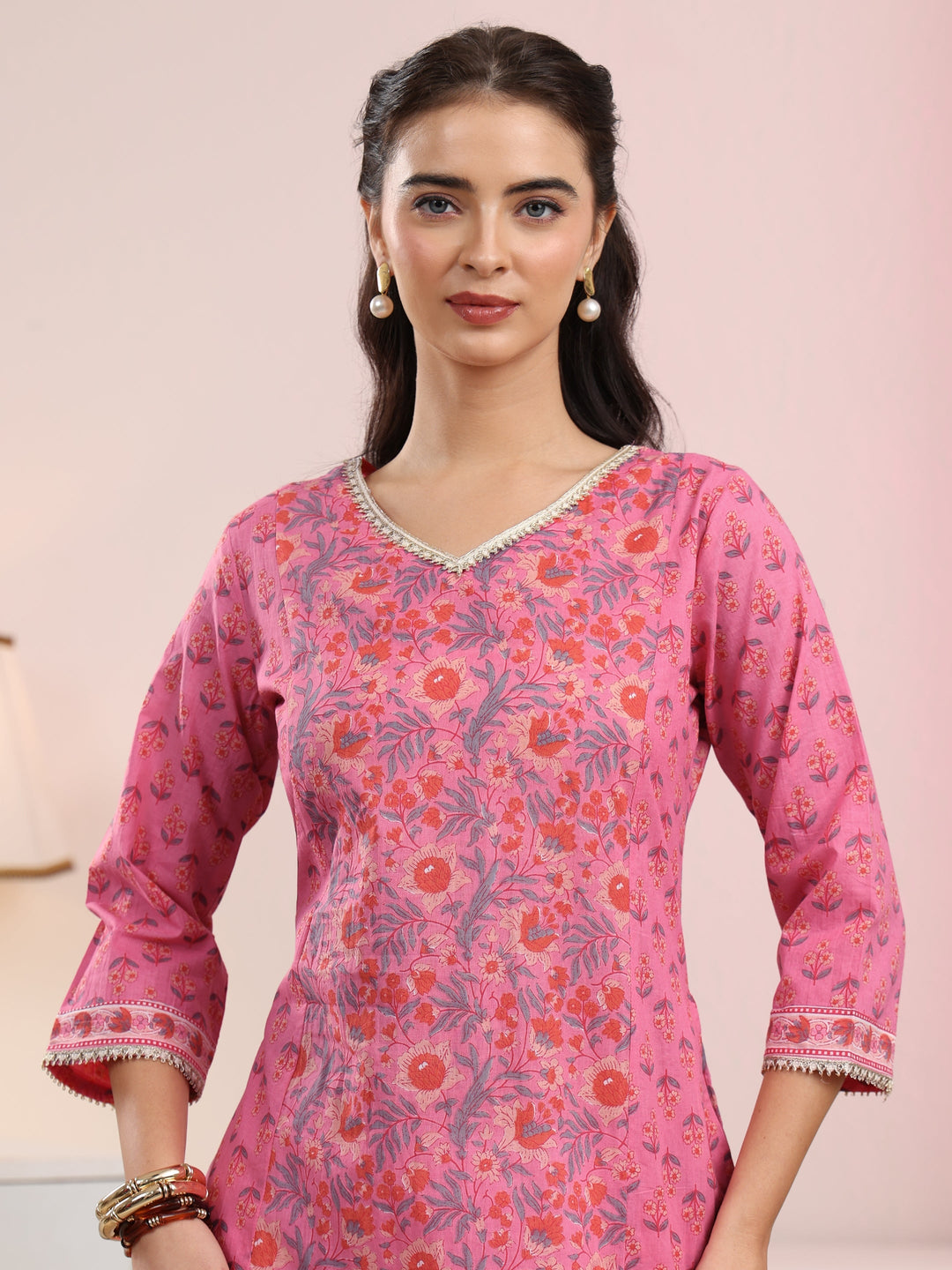  Libas Pink Floral Printed Cotton A-Line Kurta 