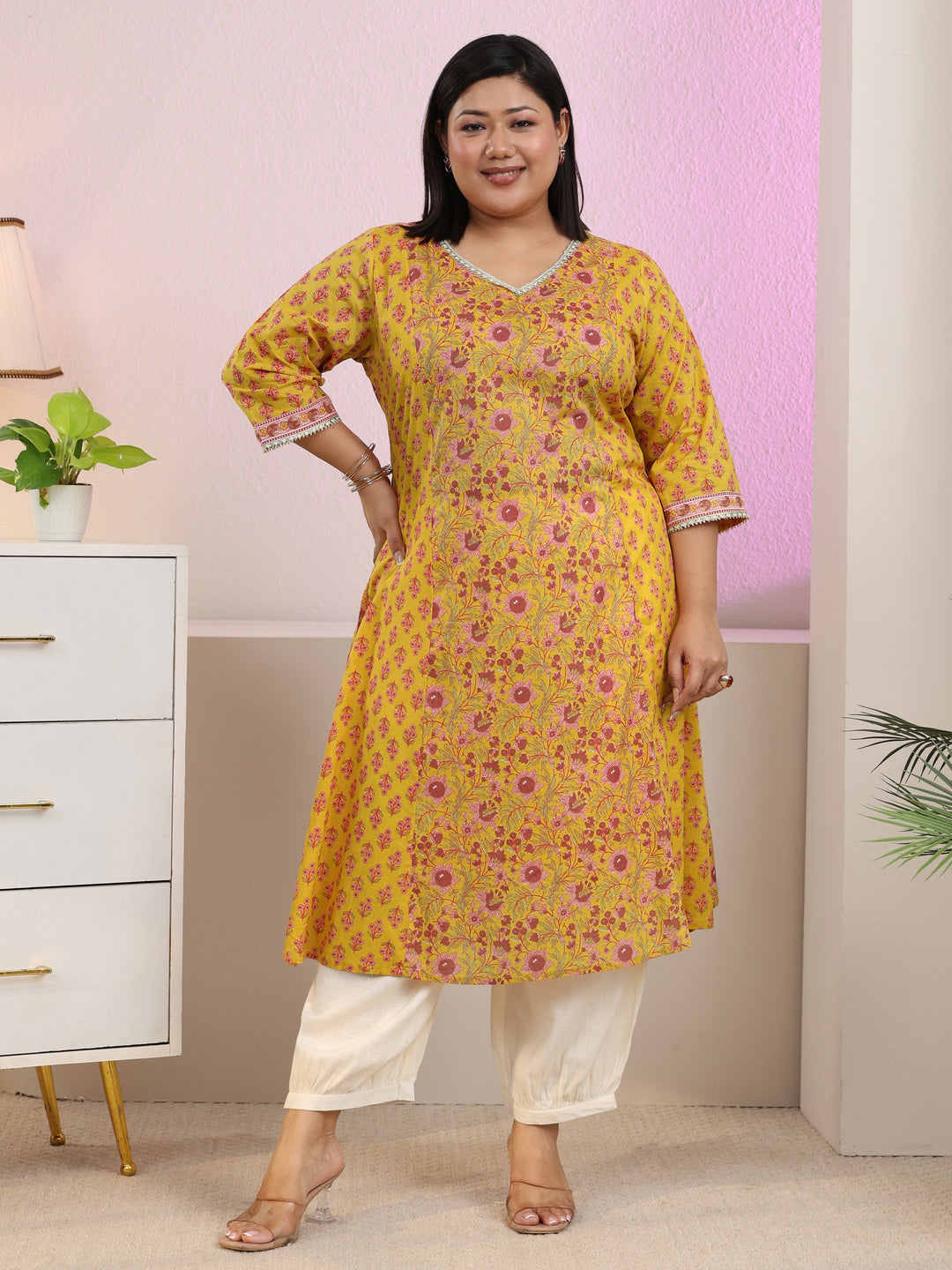  Plus Size Sunshine Yellow Floral Printed Cotton A-Line Kurta 