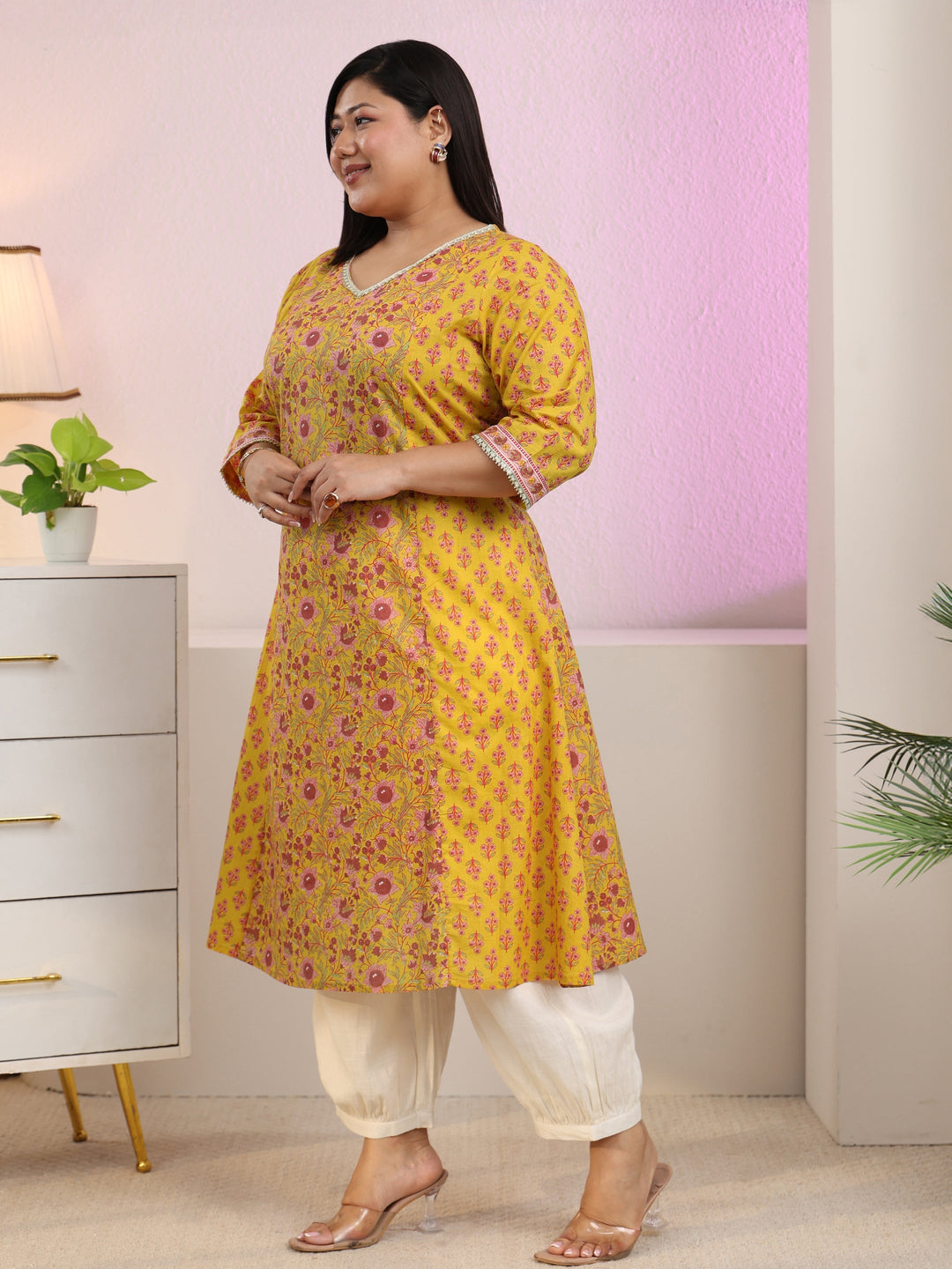  Plus Size Sunshine Yellow Floral Printed Cotton A-Line Kurta 
