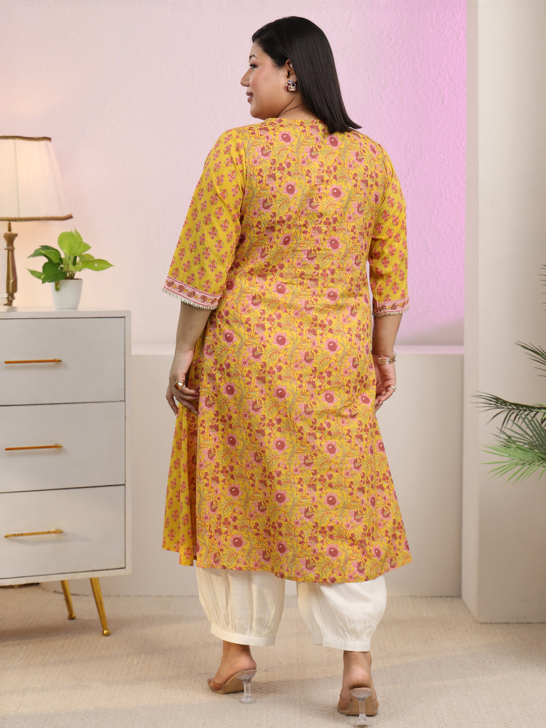  Plus Size Sunshine Yellow Floral Printed Cotton A-Line Kurta 