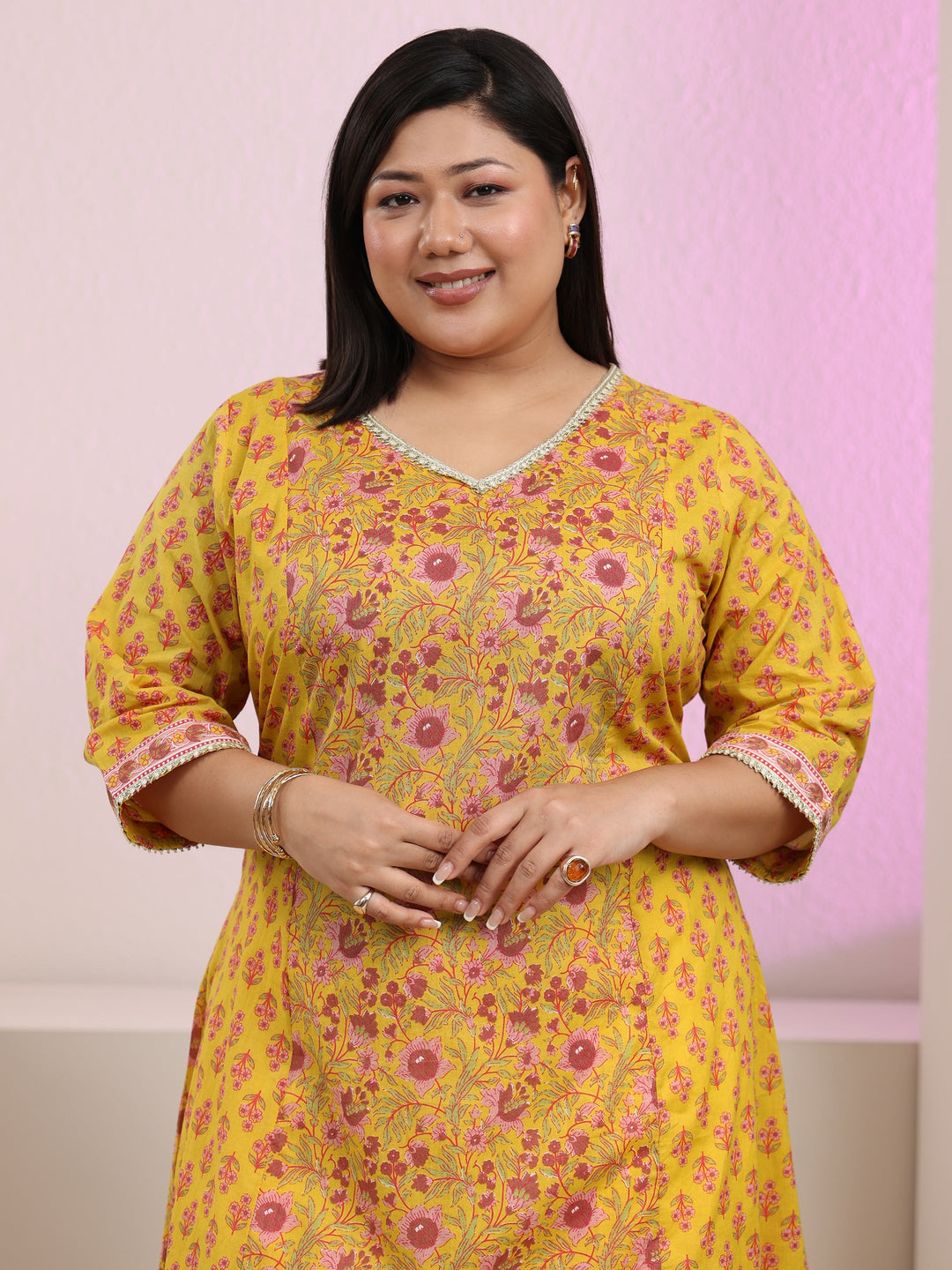  Plus Size Sunshine Yellow Floral Printed Cotton A-Line Kurta 