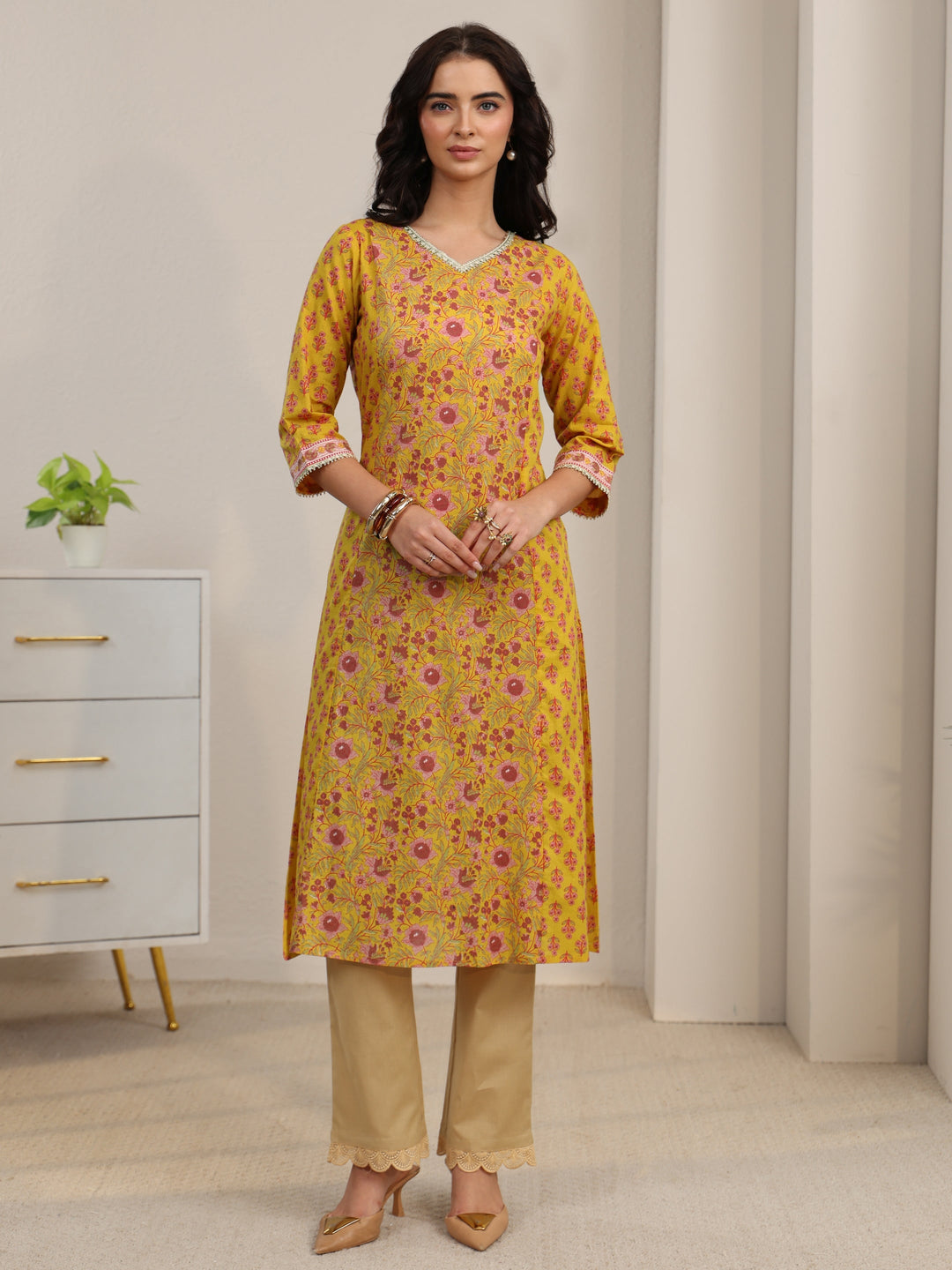  Libas Sunshine Yellow Floral Printed Cotton A-Line Kurta 