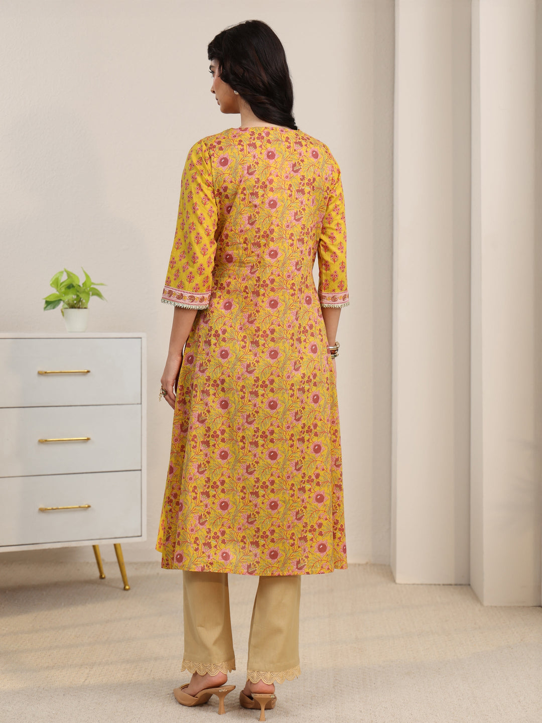  Libas Sunshine Yellow Floral Printed Cotton A-Line Kurta 