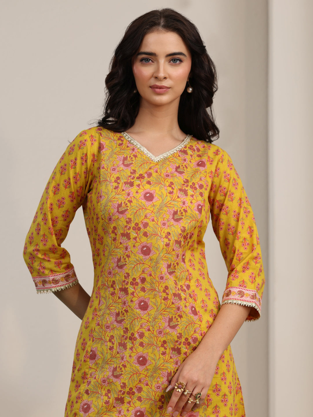  Libas Sunshine Yellow Floral Printed Cotton A-Line Kurta 