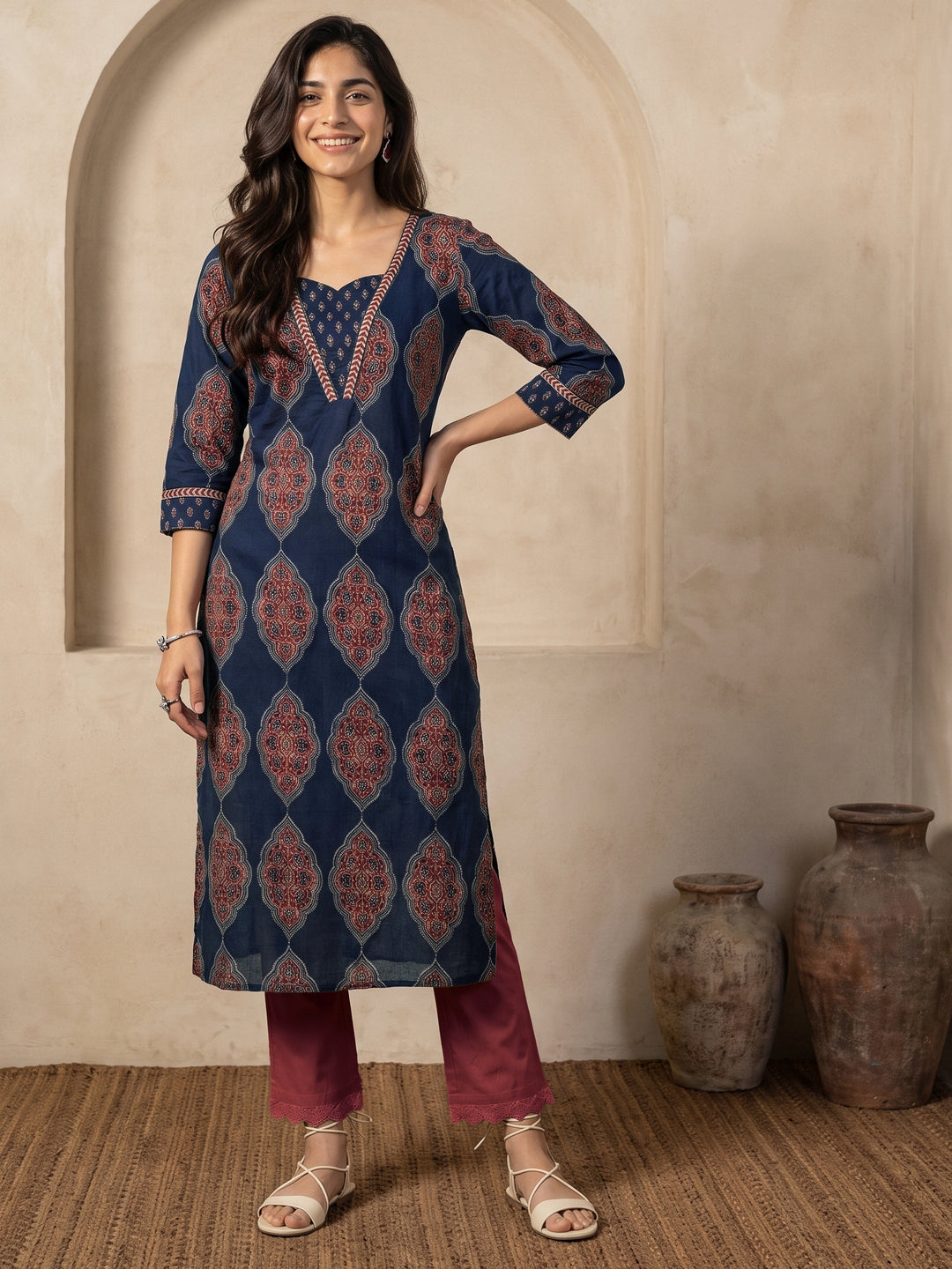  Libas Indigo Blue Ajrakh Printed Cotton Straight Kurta 