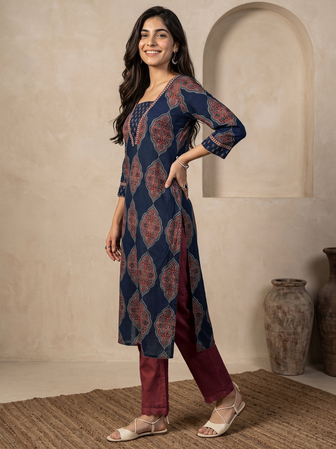  Libas Indigo Blue Ajrakh Printed Cotton Straight Kurta 