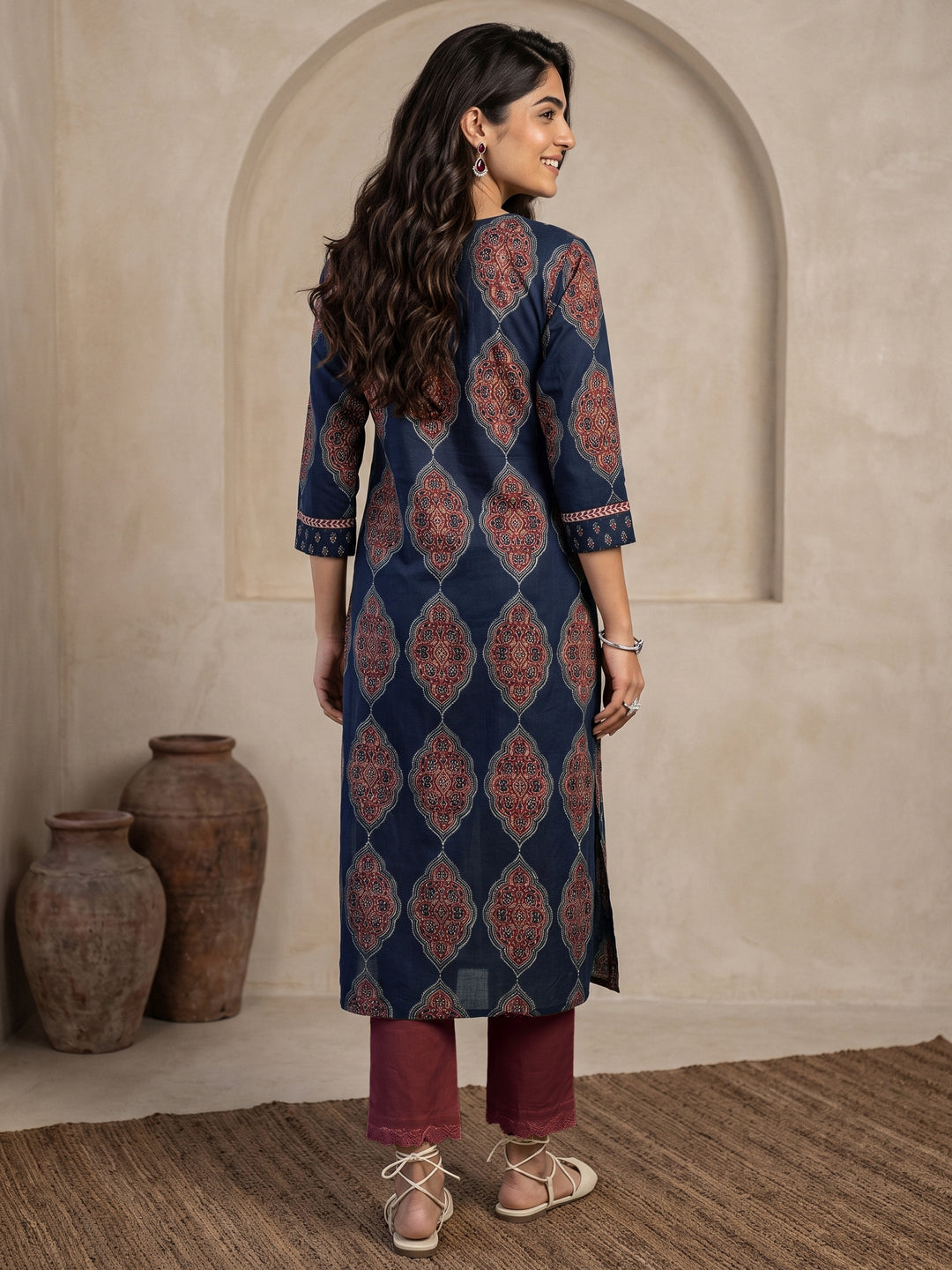  Libas Indigo Blue Ajrakh Printed Cotton Straight Kurta 