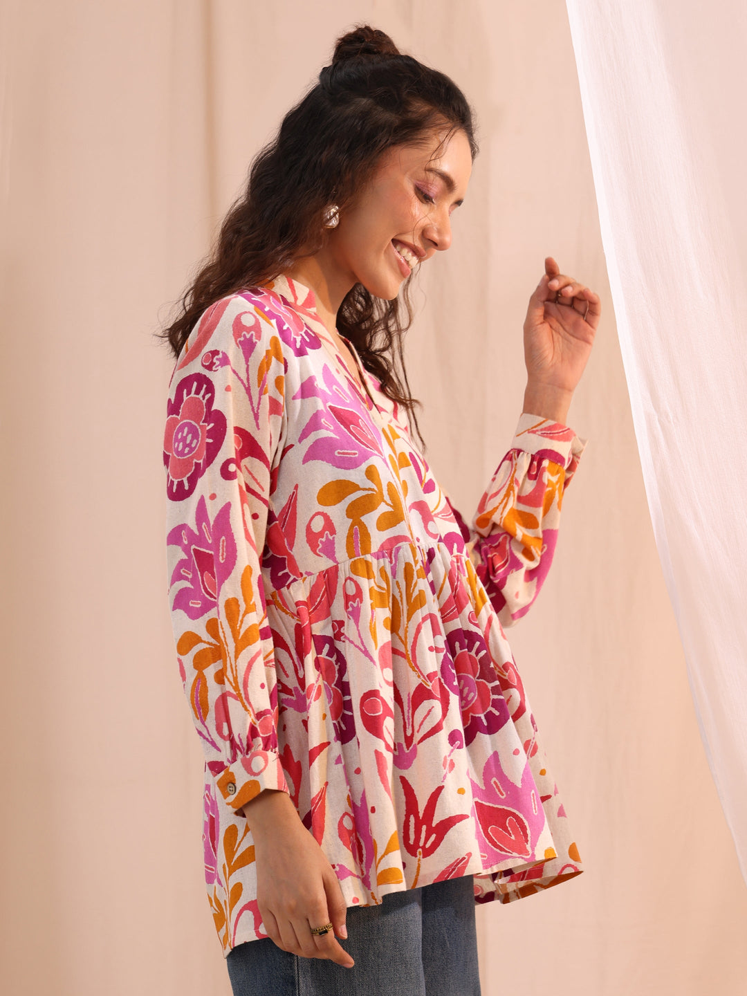 Multi Floral Printed Cotton Anarkali Short Kurti 