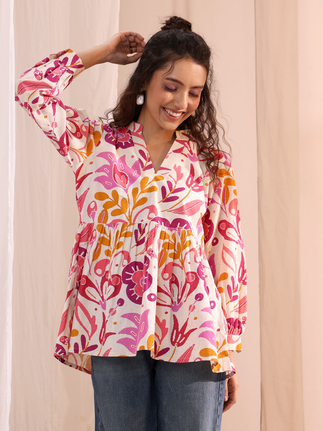  Multi Floral Printed Cotton Anarkali Short Kurti 