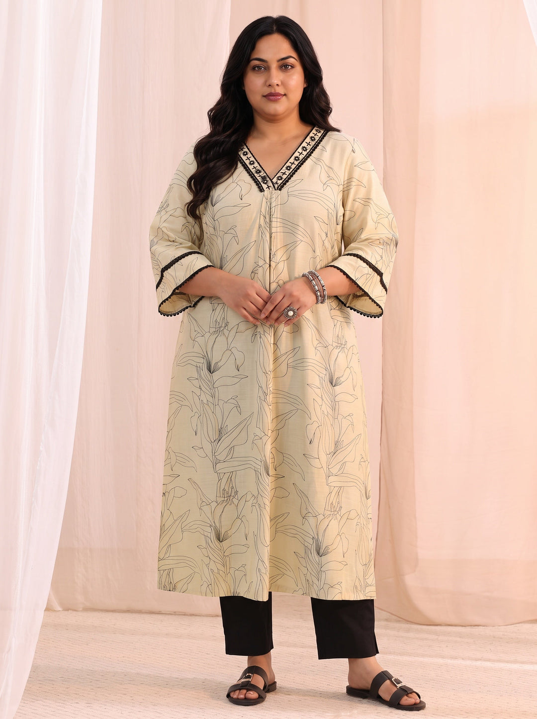  Plus Size Off White Floral Printed Silk Blend A-Line Kurta 