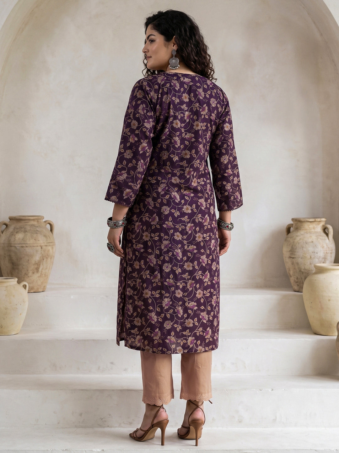 Plus Size Purple Floral Printed Cotton A-Line Kurta 