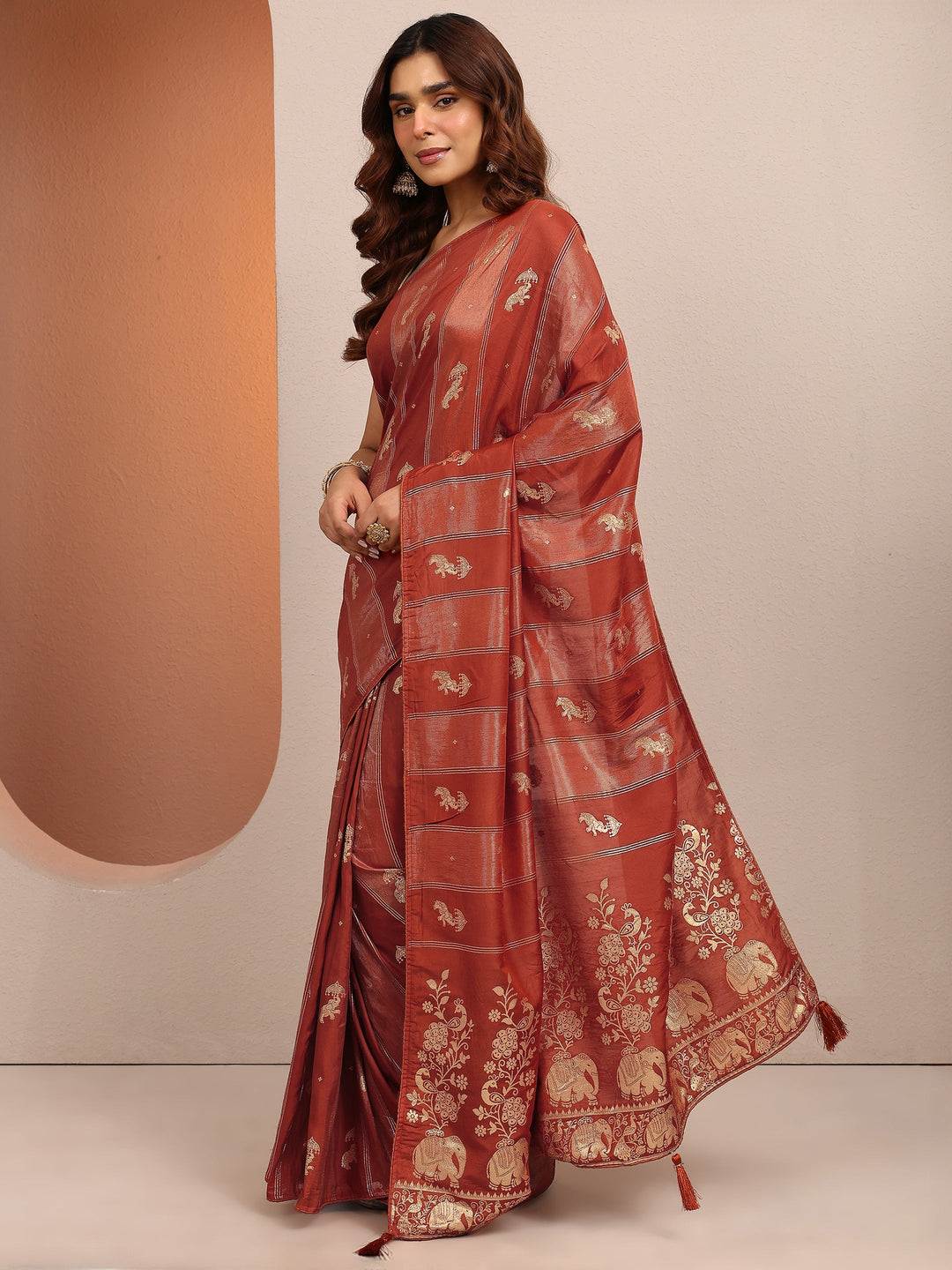  Rust Tribal Woven Design Silk Blend Saree With Unstitched Blouse Piece 