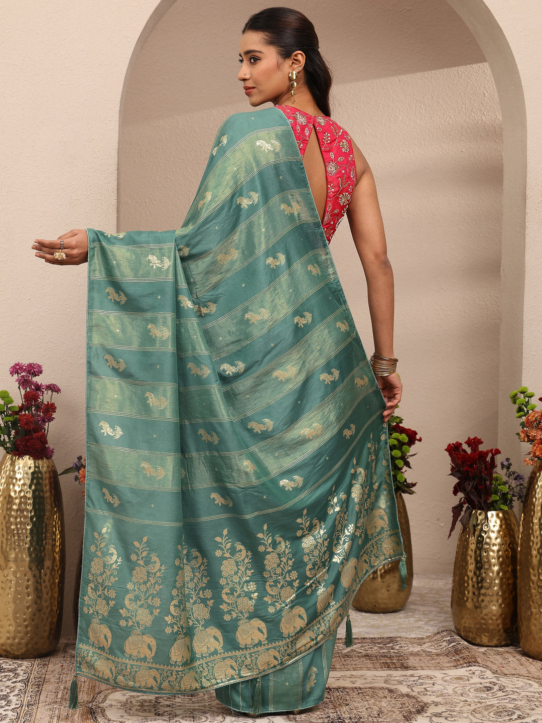  Green Tribal Woven Design Silk Blend Saree With Unstitched Blouse Piece 