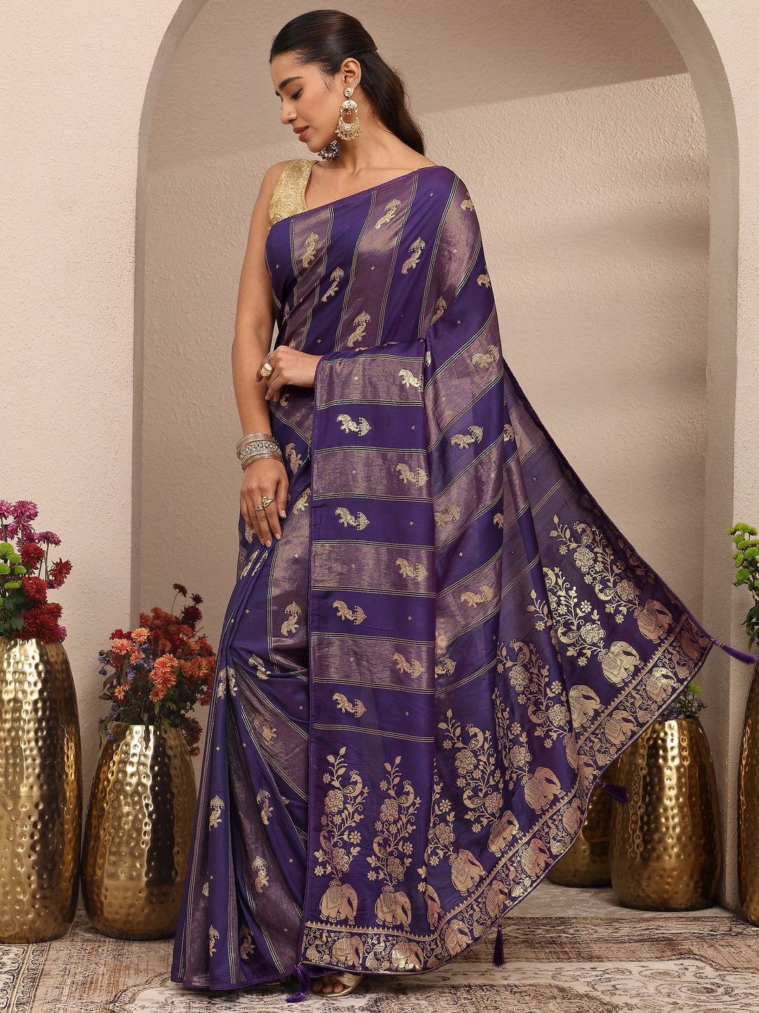  Purple Tribal Woven Design Silk Blend Saree With Unstitched Blouse Piece 