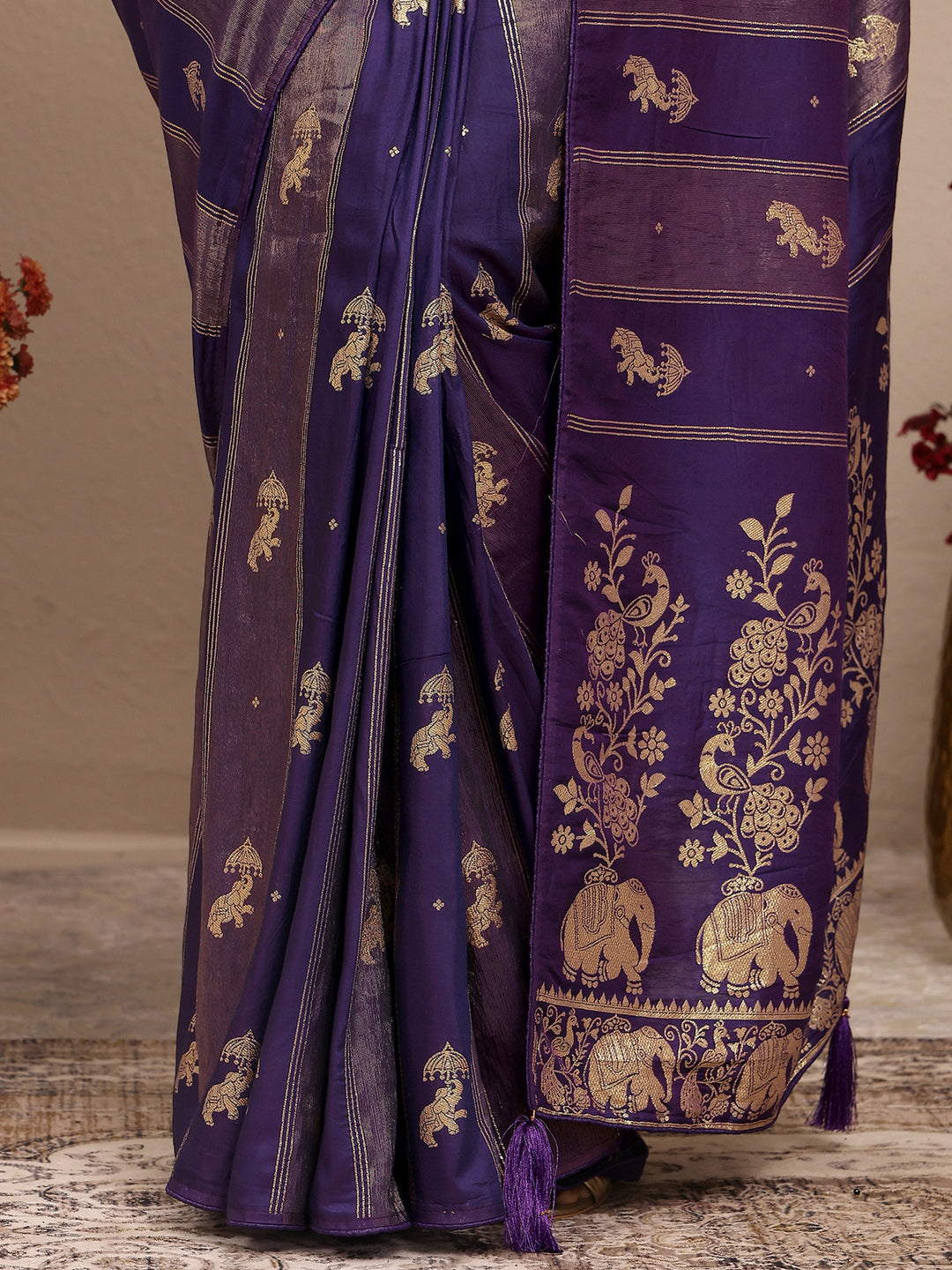  Purple Tribal Woven Design Silk Blend Saree With Unstitched Blouse Piece 