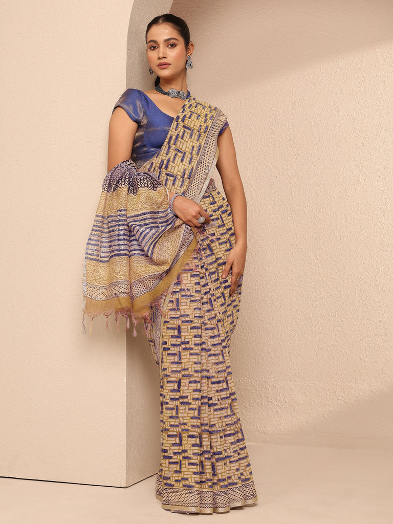 Libas Mustard Geometric Printed Cotton Saree With Unstitched Blouse Piece