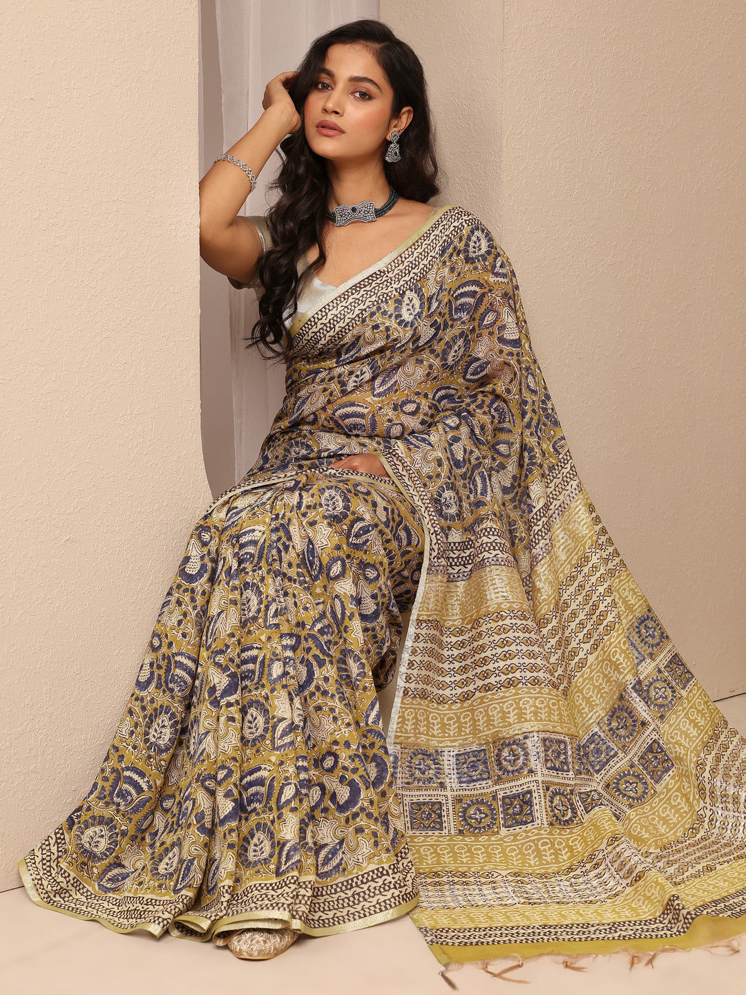  Mustard Printed Cotton Saree With Unstitched Blouse Piece 