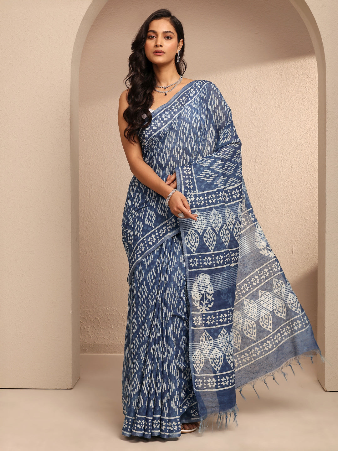  Blue Ikat Printed Cotton Saree With Unstitched Blouse Piece 