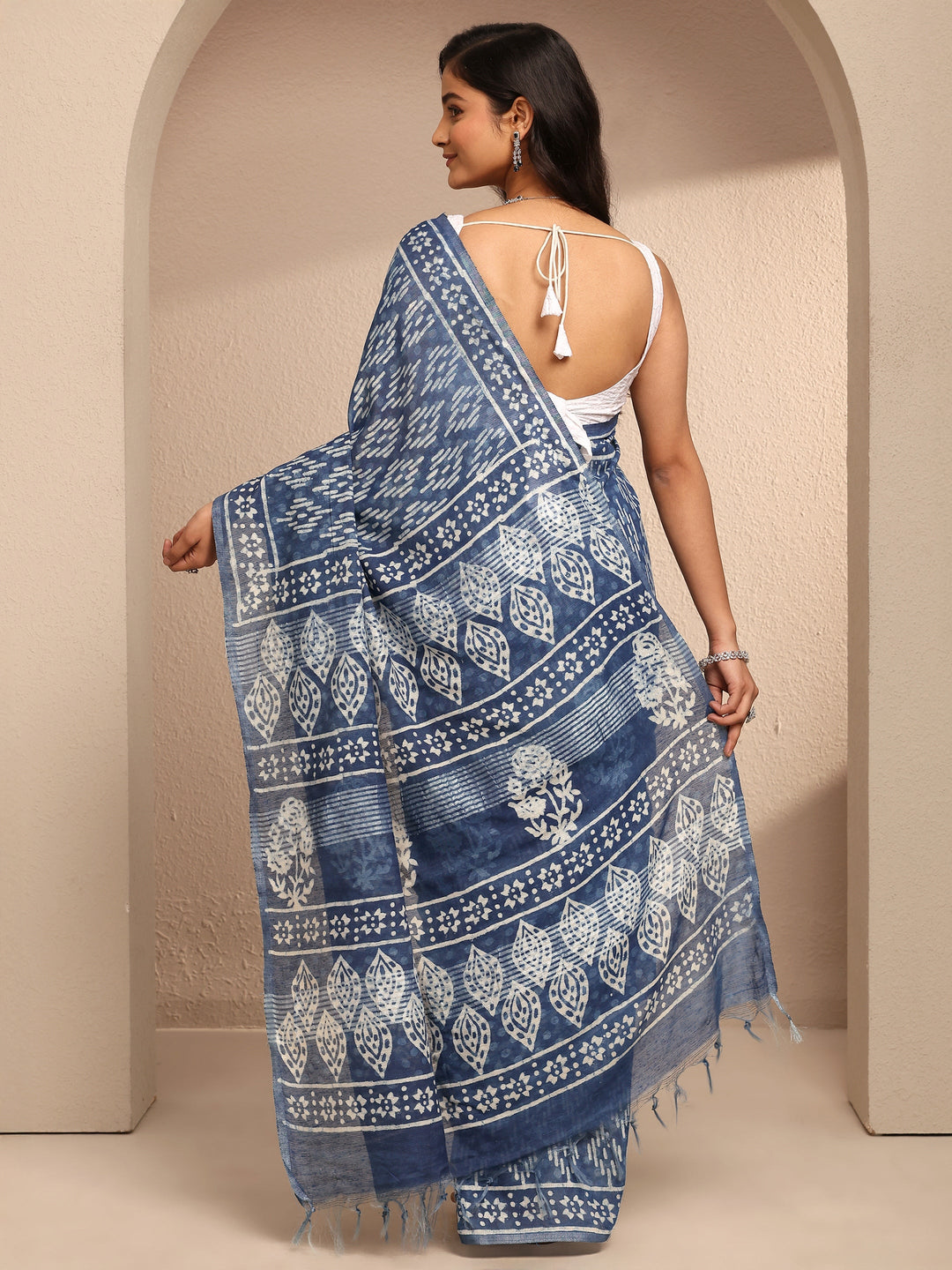  Blue Ikat Printed Cotton Saree With Unstitched Blouse Piece 