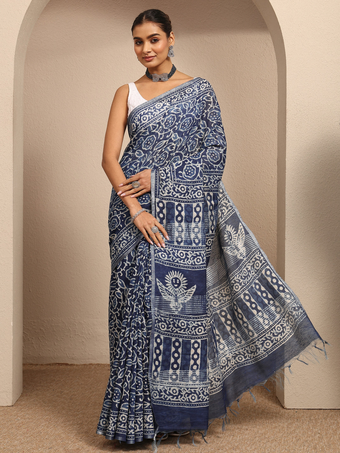  Blue Block Printed Cotton Saree With Unstitched Blouse Piece 