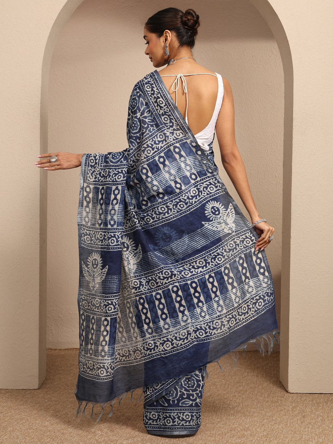  Blue Block Printed Cotton Saree With Unstitched Blouse Piece 