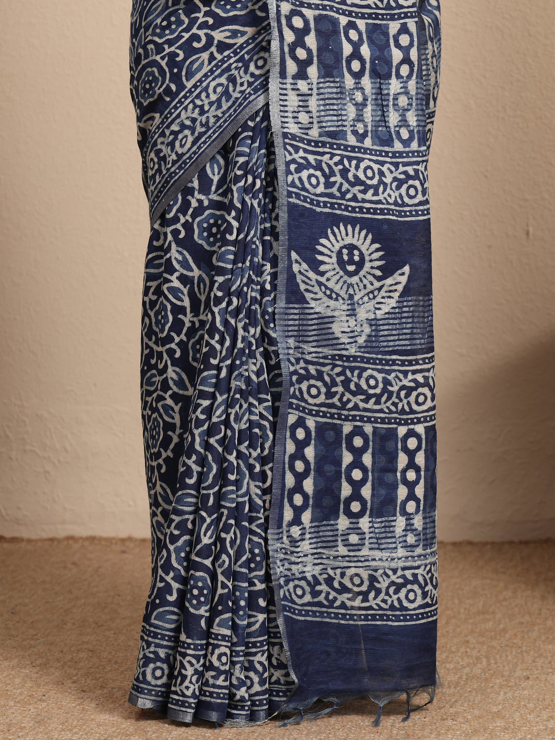  Blue Block Printed Cotton Saree With Unstitched Blouse Piece 