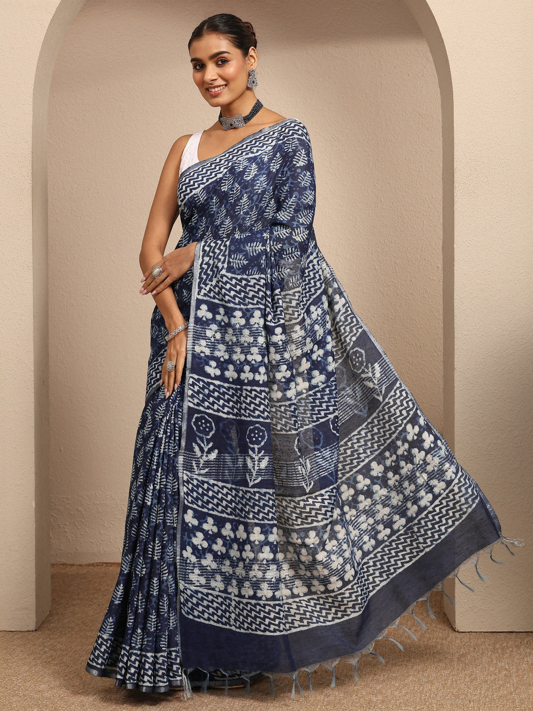  Blue Block Printed Cotton Saree With Unstitched Blouse Piece 