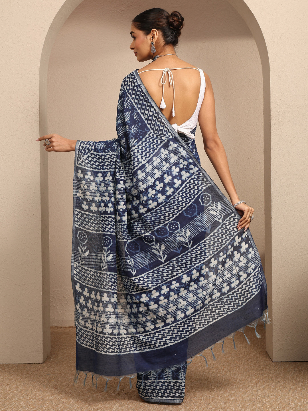  Blue Block Printed Cotton Saree With Unstitched Blouse Piece 