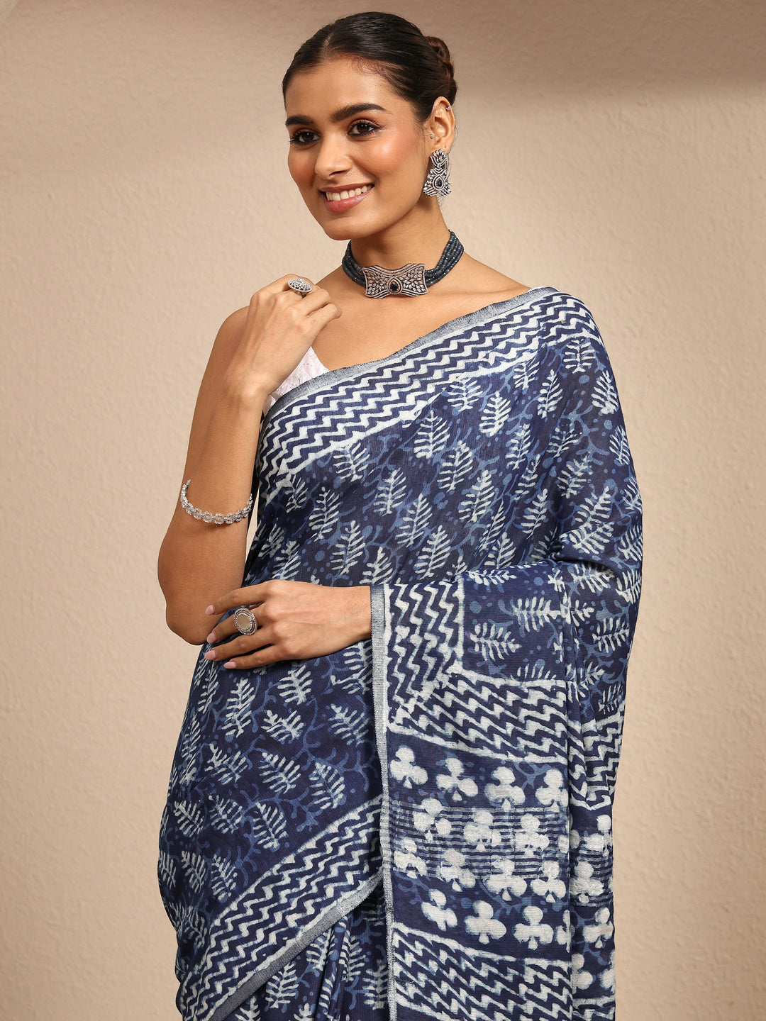  Blue Block Printed Cotton Saree With Unstitched Blouse Piece 