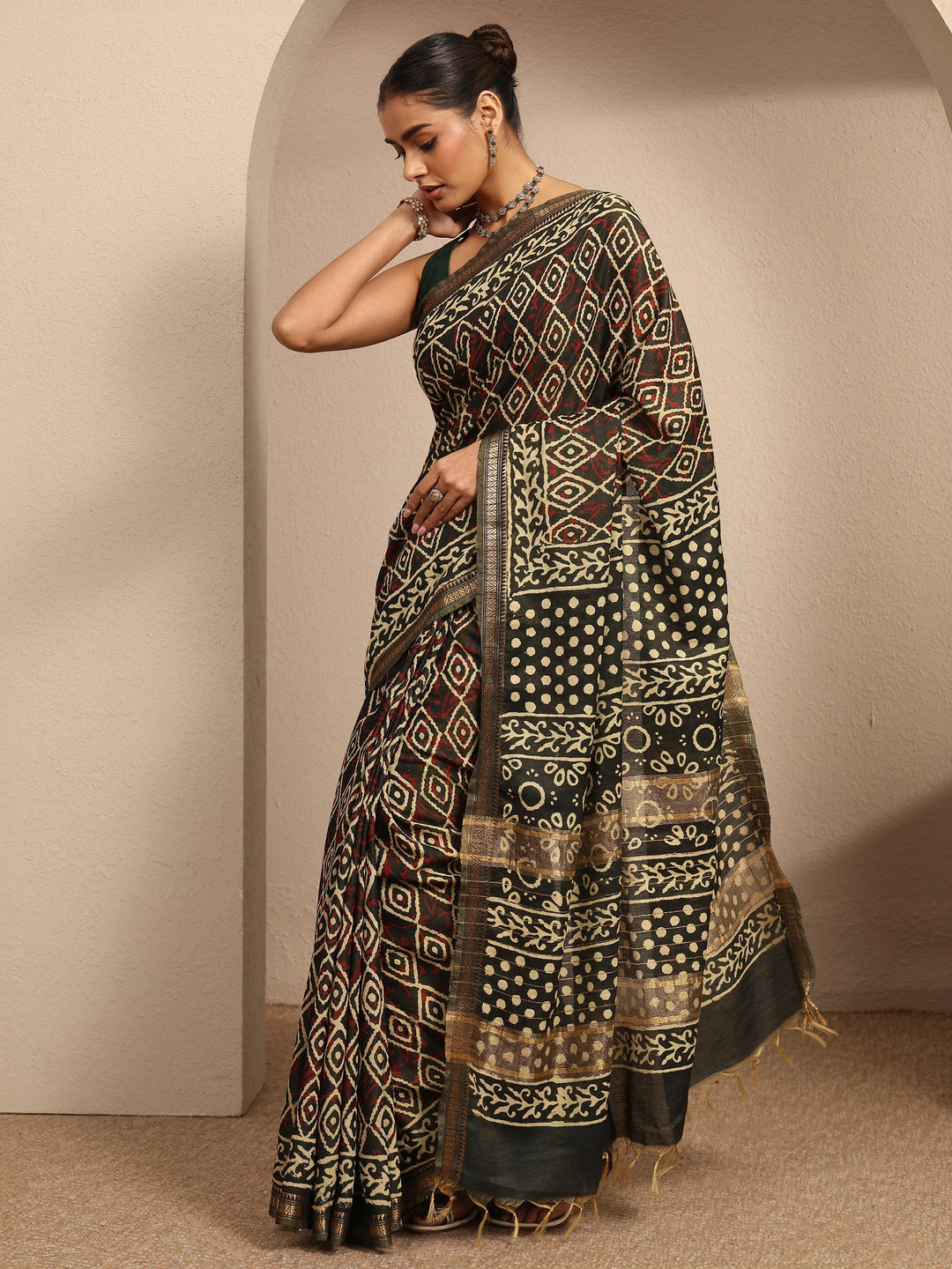  Green Ajrakh Printed Cotton Saree With Unstitched Blouse Piece 
