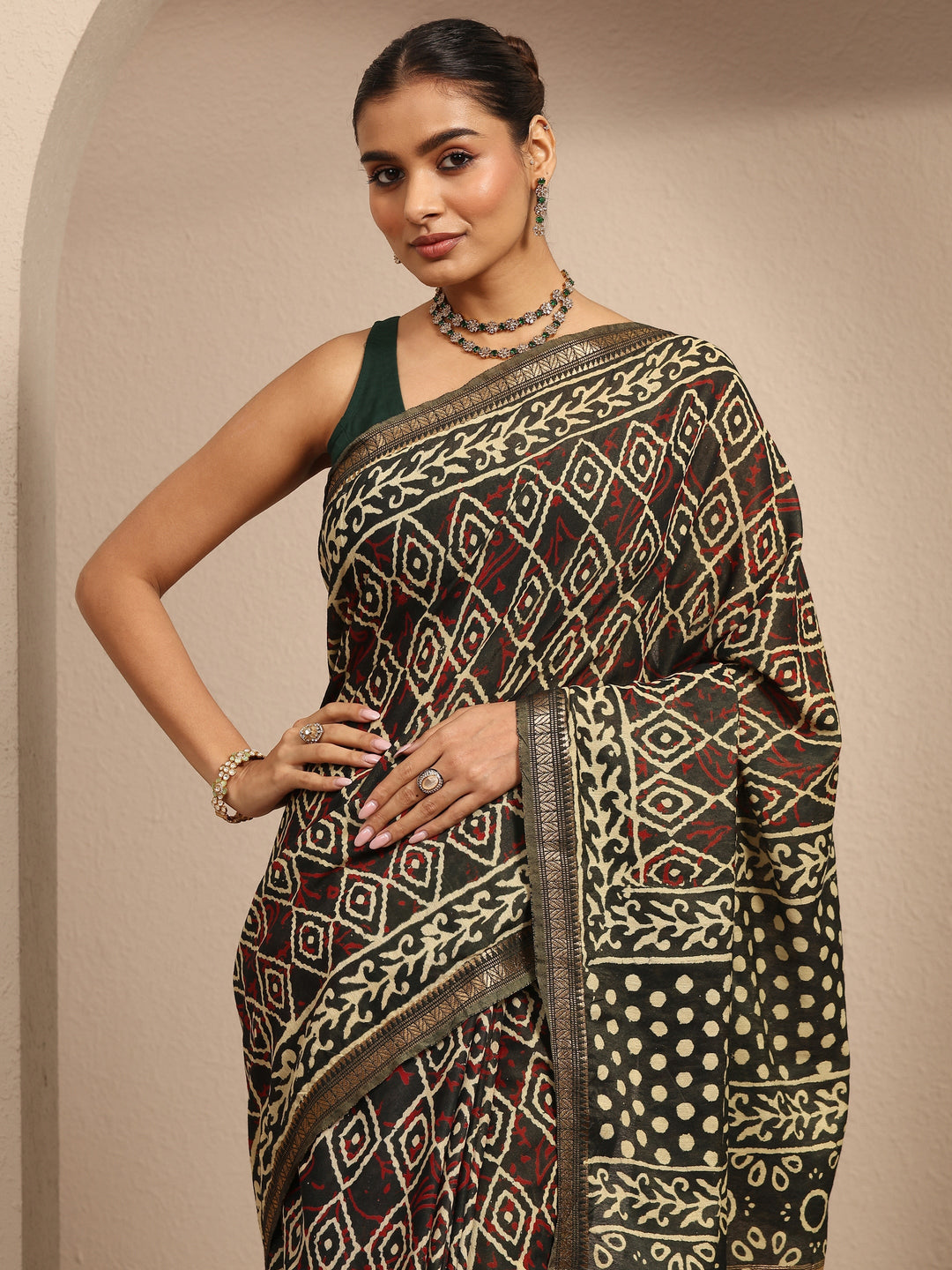  Green Ajrakh Printed Cotton Saree With Unstitched Blouse Piece 