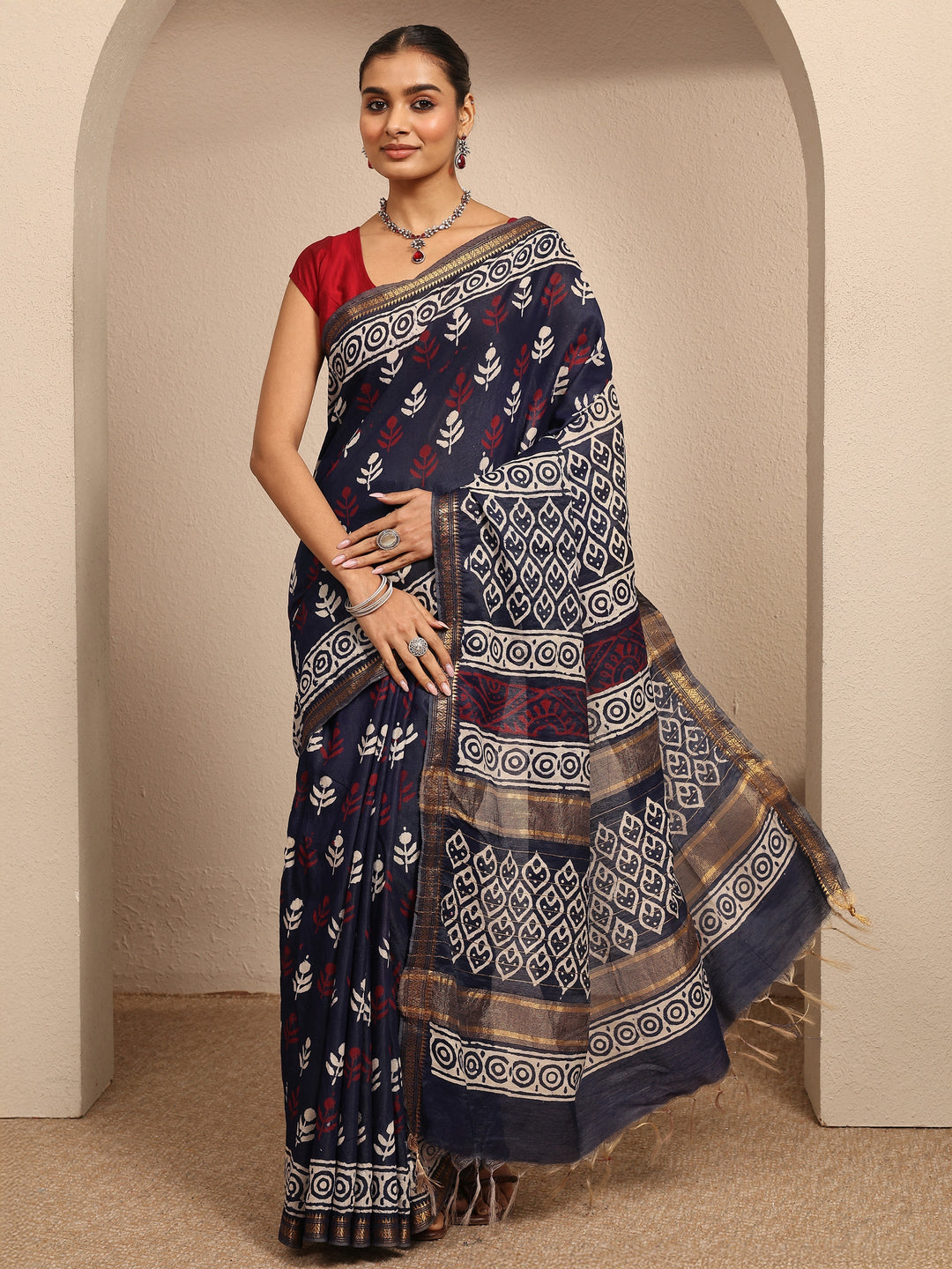  Navy Blue Printed Cotton Saree With Unstitched Blouse Piece 