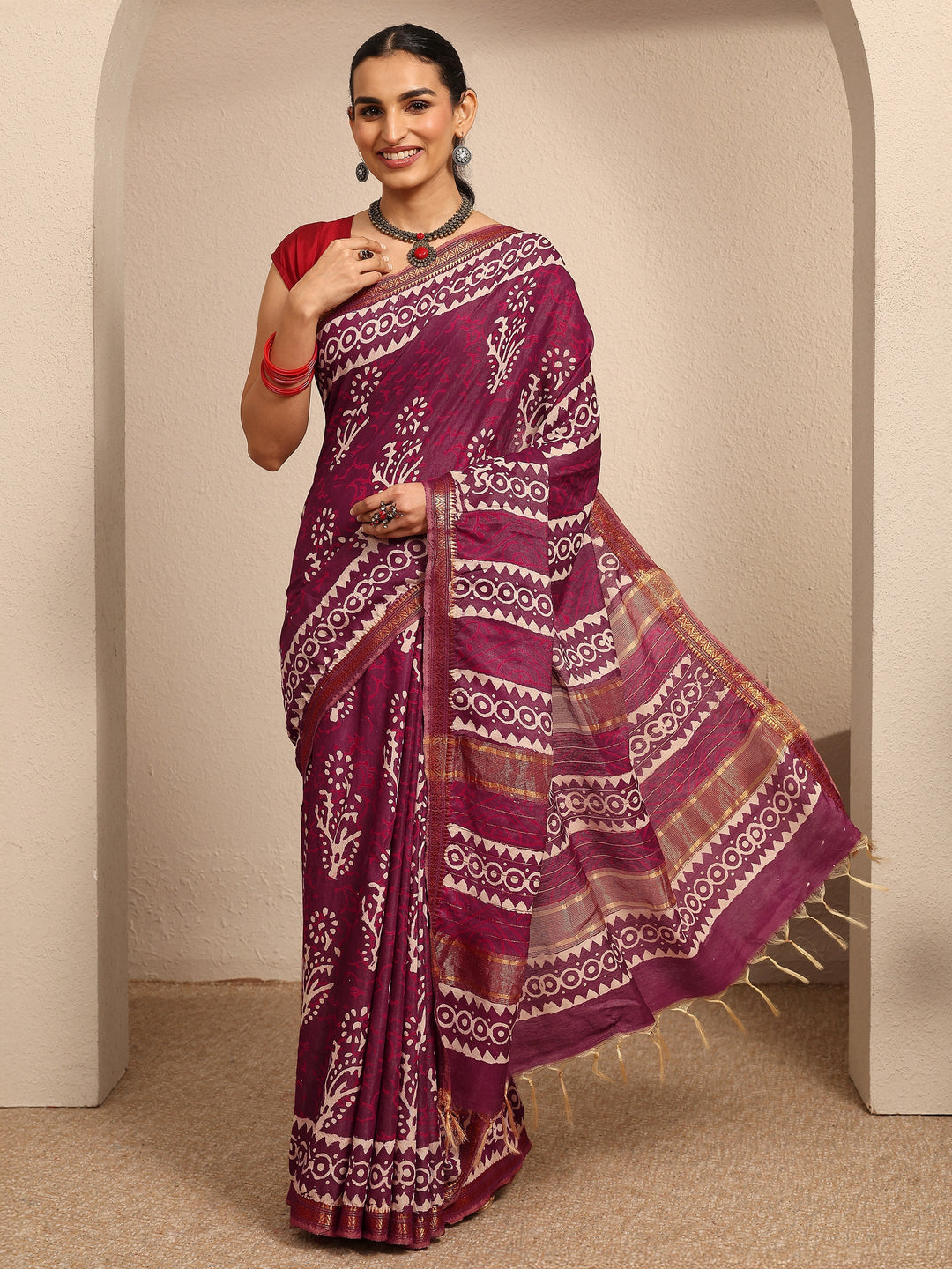  Burgundy Ikat Printed Cotton Saree With Unstitched Blouse Piece 