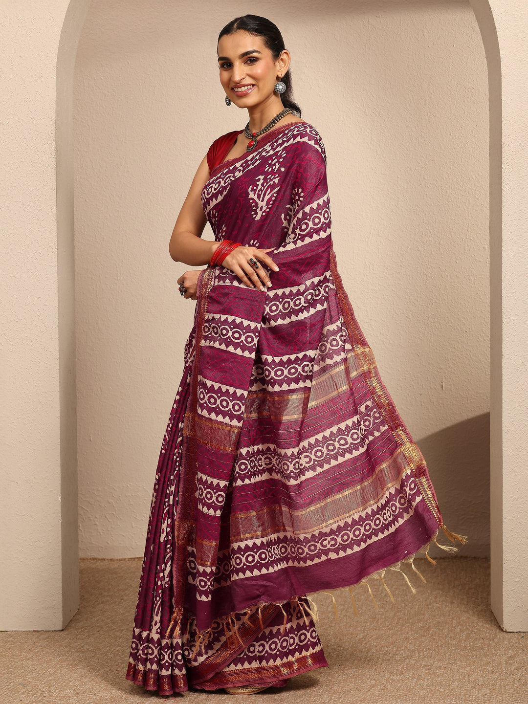  Burgundy Ikat Printed Cotton Saree With Unstitched Blouse Piece 