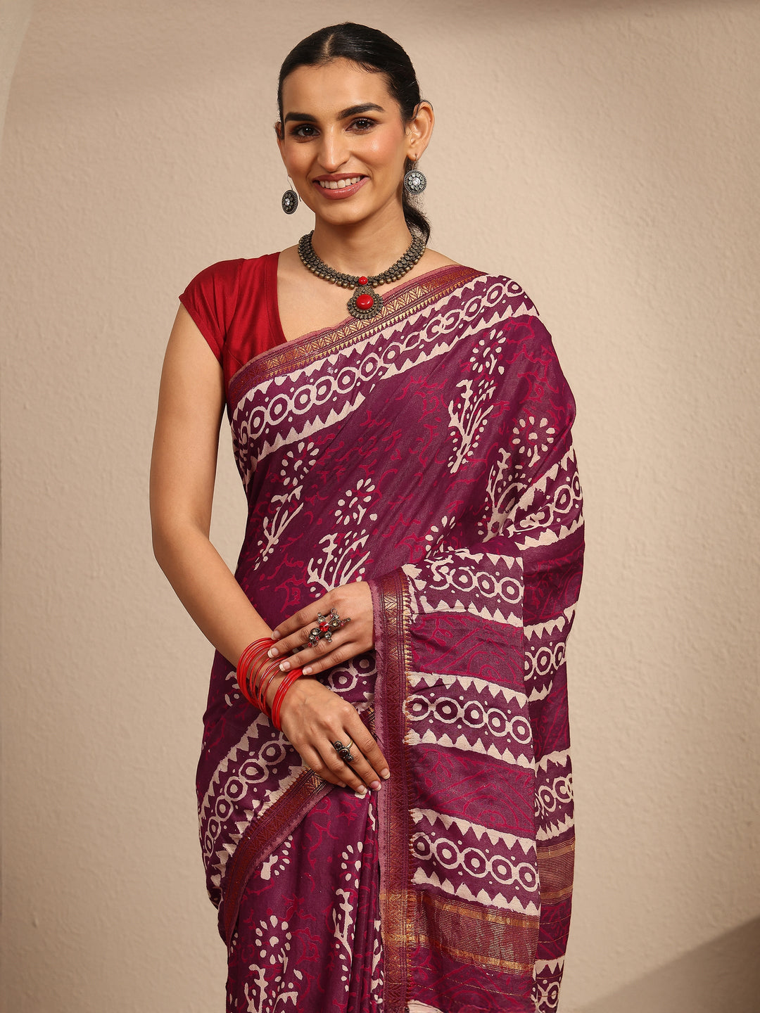  Burgundy Ikat Printed Cotton Saree With Unstitched Blouse Piece 